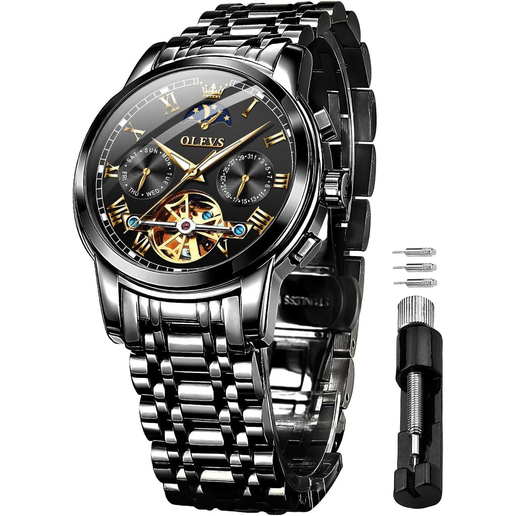 Buy now OLEVS Mens Automatic Watches Skeleton Tourbillon Mechanical Self Winding Luxury Dress Wrist Watch Moon Phase Day Date Waterproof Luminous Default at indiglob india