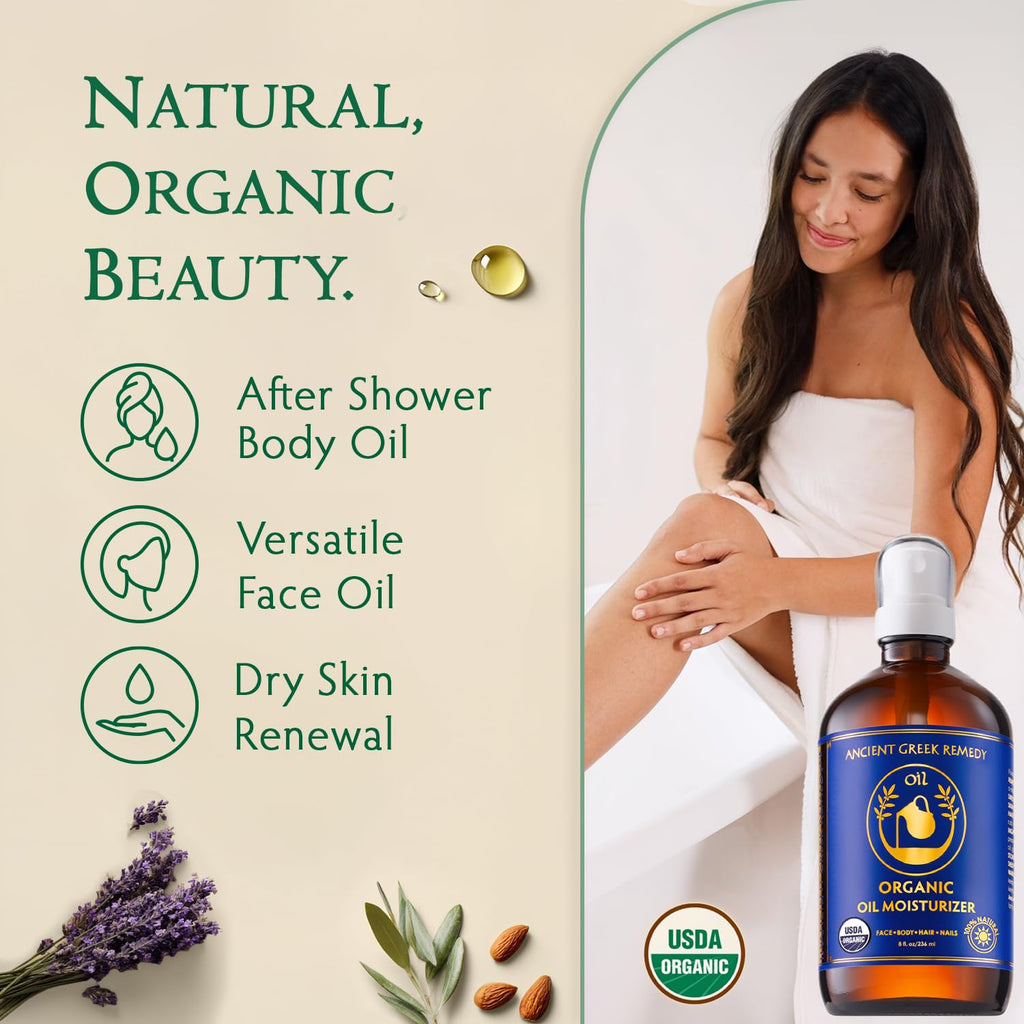 Organic Body & Face Oil for Dry Skin, Natural After Shower Moisturizer 8oz | Hydrating Cold Pressed Blend of Almond, Olive, Jojoba, Rosehip, Vitamin E & Lavender Oils, Scented Facial & Body Oil