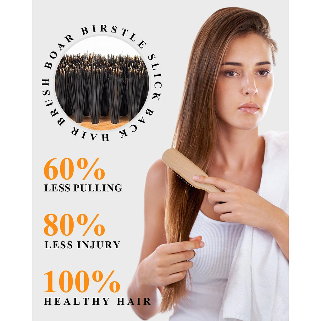 100% Boar Bristle Slick Back Hair Brush | Natural Peach Wood Handle | Restores Shine, Controls Frizz, Smooths Flyaways | Teasing Adds Volume Styling Tool | For Sleek Ponytails, Buns & Beard Grooming