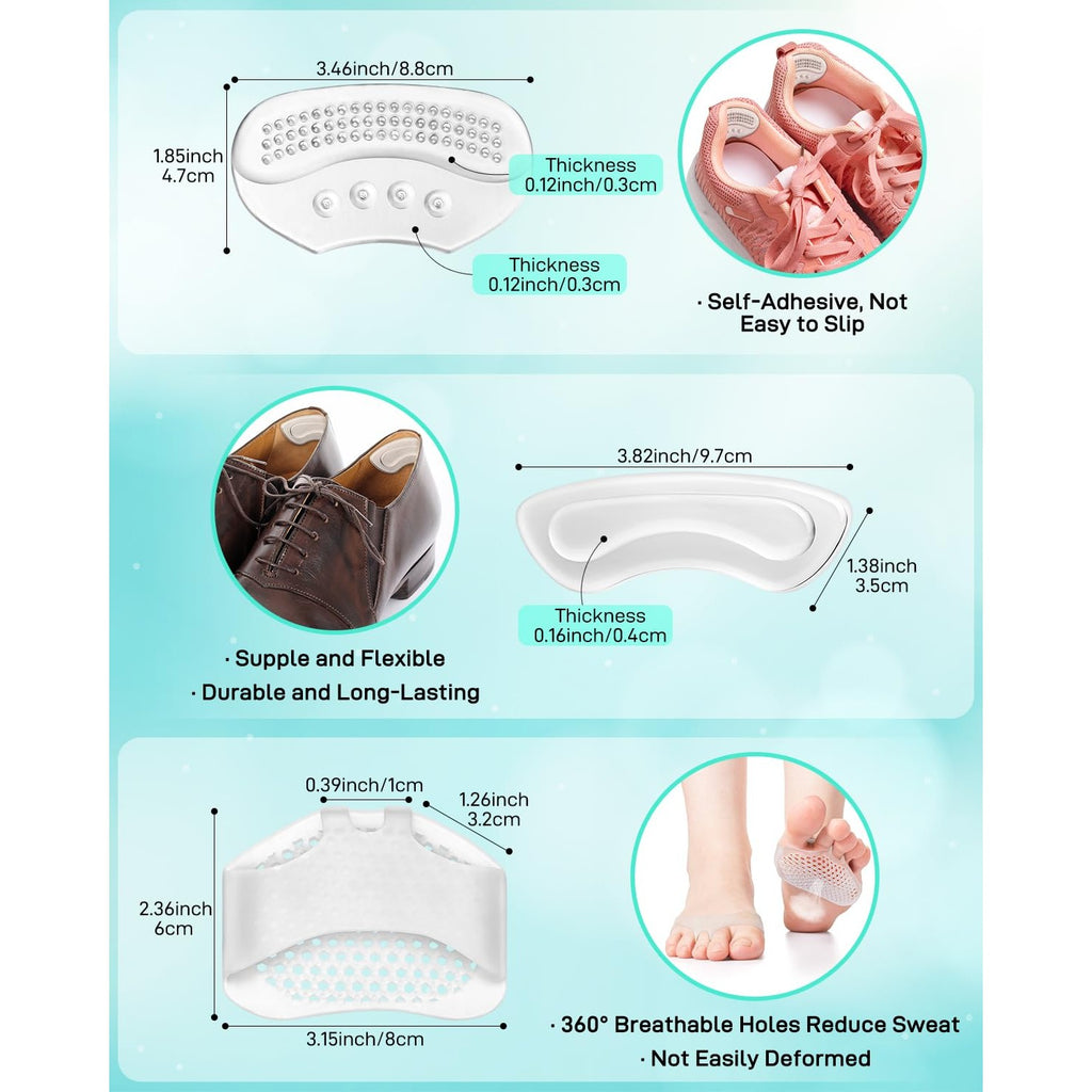 10PCS High Heel Comfort Pad Inserts, Silicone Shoe Cushion Insoles Heel Grips Liner Metatarsal Pads for Women Shoes Too Big, Prevent Rubbing Blisters, Self Adhesive, Clear