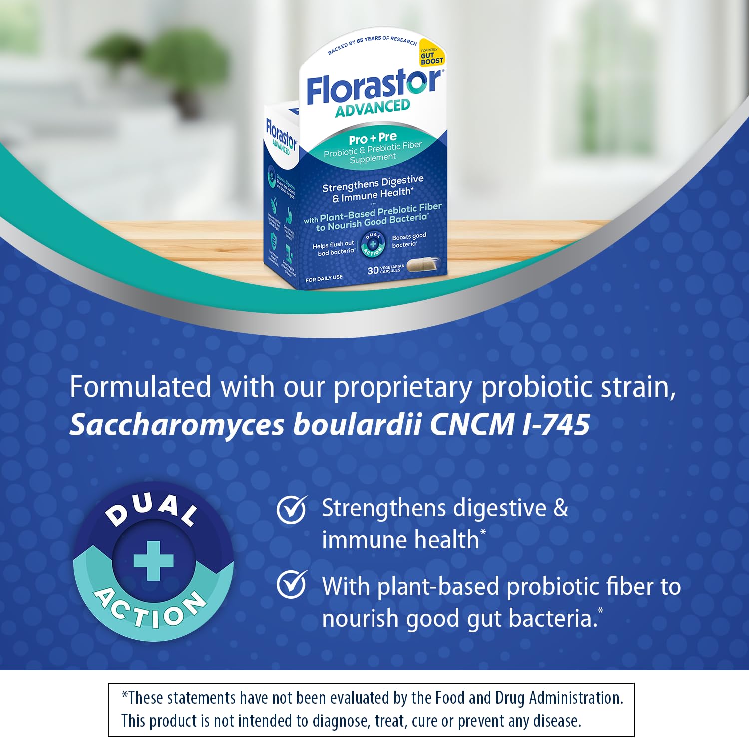 Florastor Advanced Pro+Pre Daily Probiotic and Prebiotic, 30 Capsules | Boosts Good Bacteria with Saccharomyces Boulardii CNCM I-745