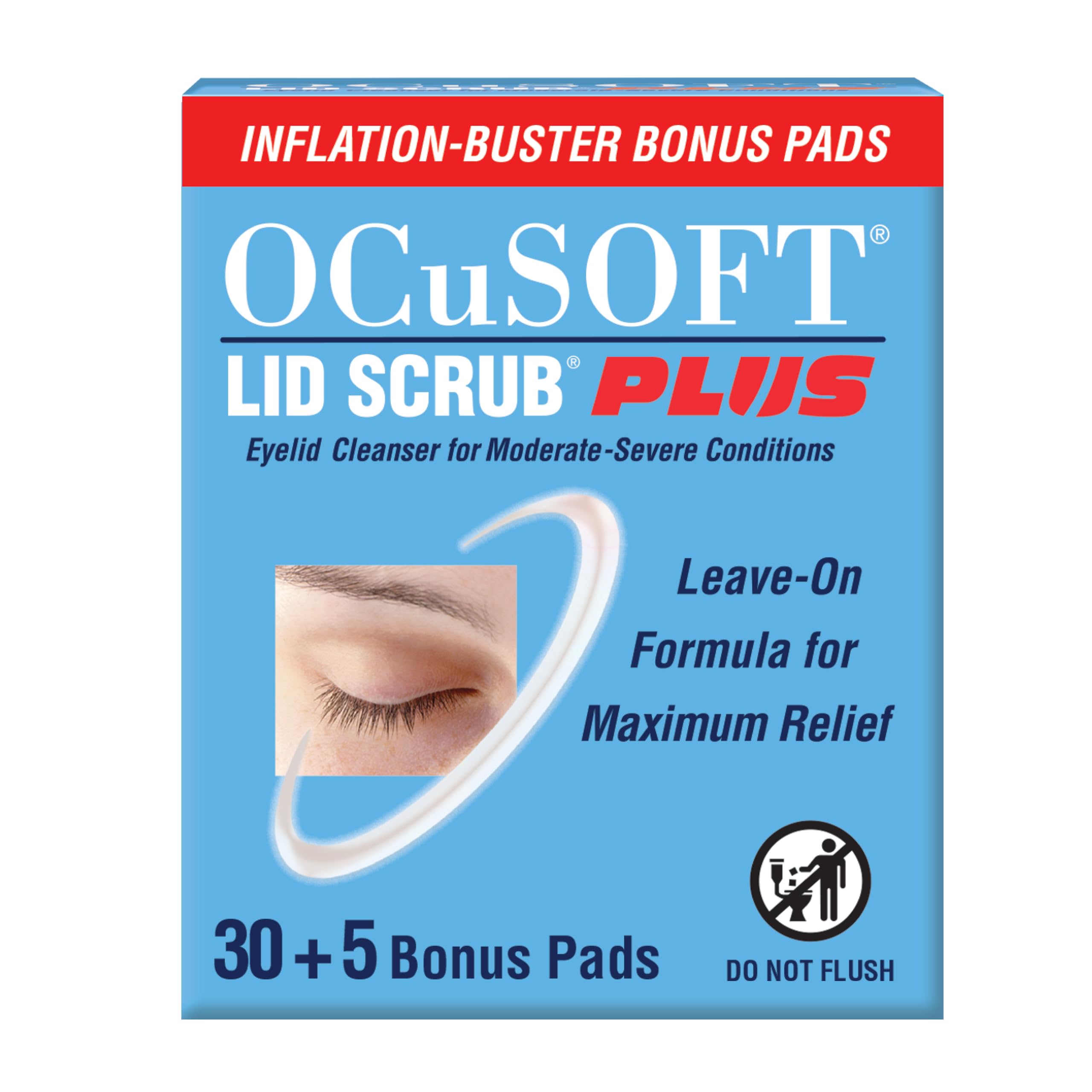 OCuSOFT Lid Scrub Plus Inflation Buster, Pre-Moistened Pads, 30+5 Count | Extra Strength For Irritated Eyelids Associated with Blepharitis, Dry Eye, Meibomian Gland Dysfunction, MGD and Demodex
