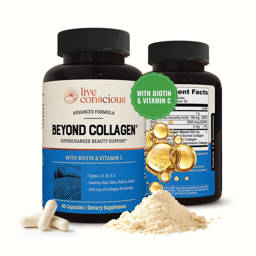 Live Conscious Beyond Collagen Multi Collagen Capsules - Types I, II, III, V & X - Hydrolyzed Blend with Biotin & Vitamin C for Hair, Skin, Nails 90 Capsules | Types I, II, III, V & X for Hair, Skin, & Nails - 90 Capsules