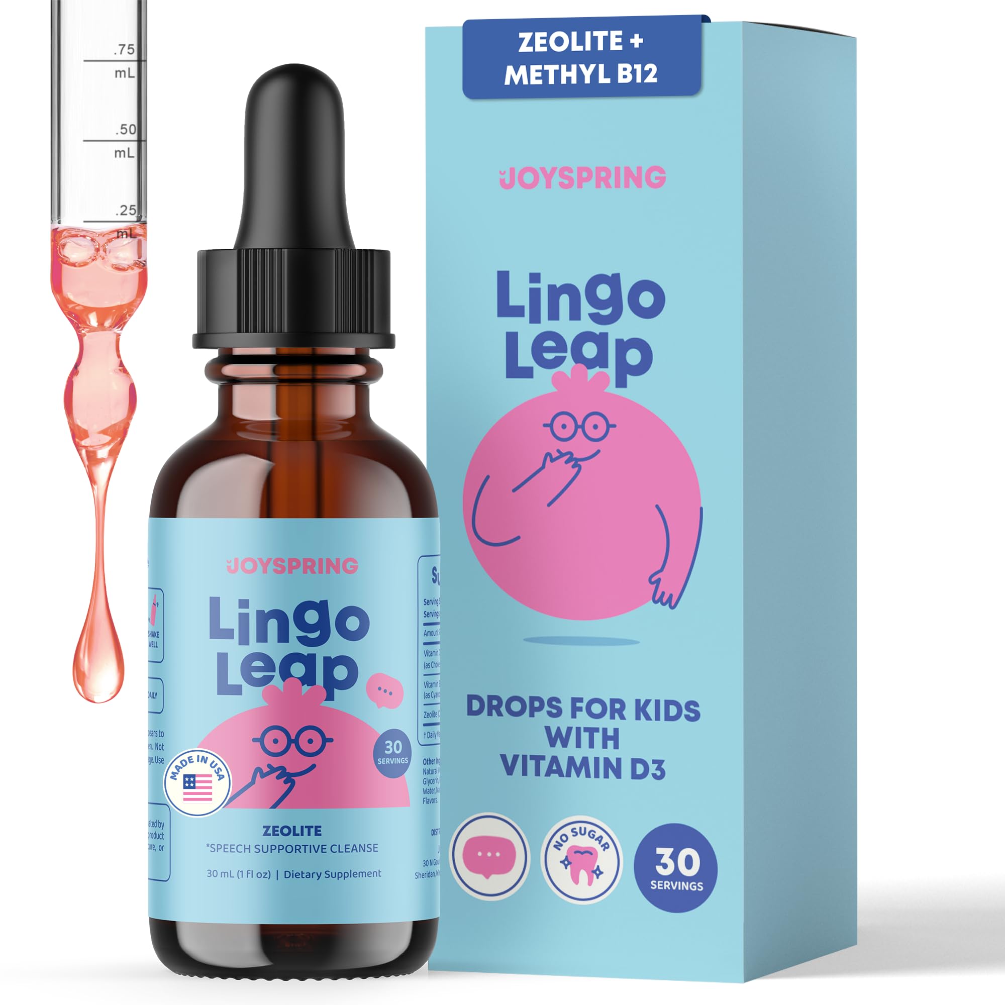 JoySpring LingoLeap Kids Zeolite Drops, Berry, 30 Servings, Ages 3+ | Clinoptilolite with methyl B12 and D3, supports energy and cognition, sugar-free vegan, gentle for daily use