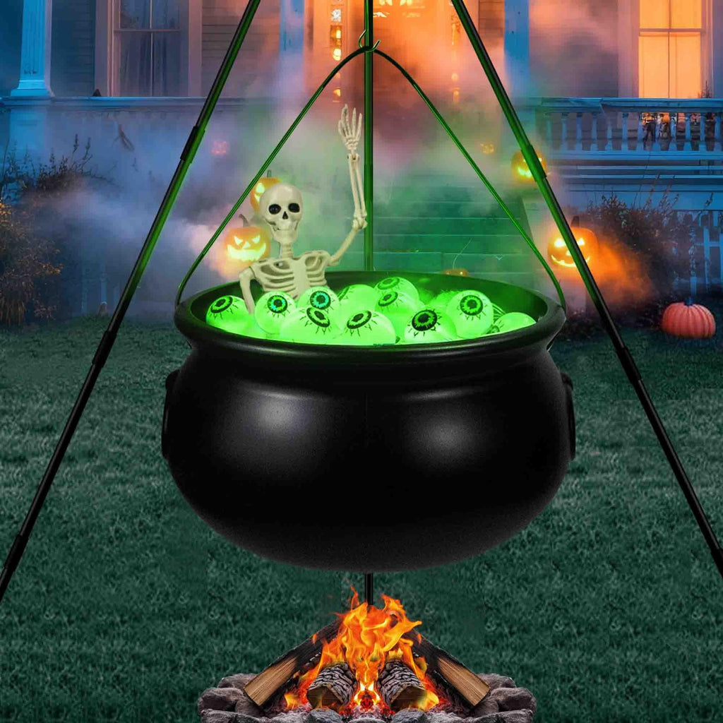 Halloween Outdoor Decorations, Witches Cauldron for Yard Decorations, Witch Decor Indoor, Halloween Witch Cauldron with Tripod with Eyeballs String Lights and Skeleton for Home & Porch Decor