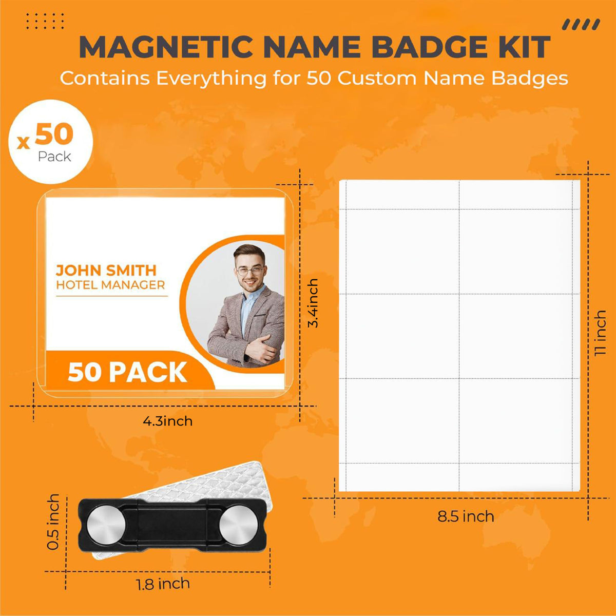 50 Pack of 4x3 Magnetic Name Badge Holders (White Printable Inserts Included) Customizable Magnetic Name Tags for Office, Conventions, School, and Events - Durable and Clear Plastic Name Tag Holder