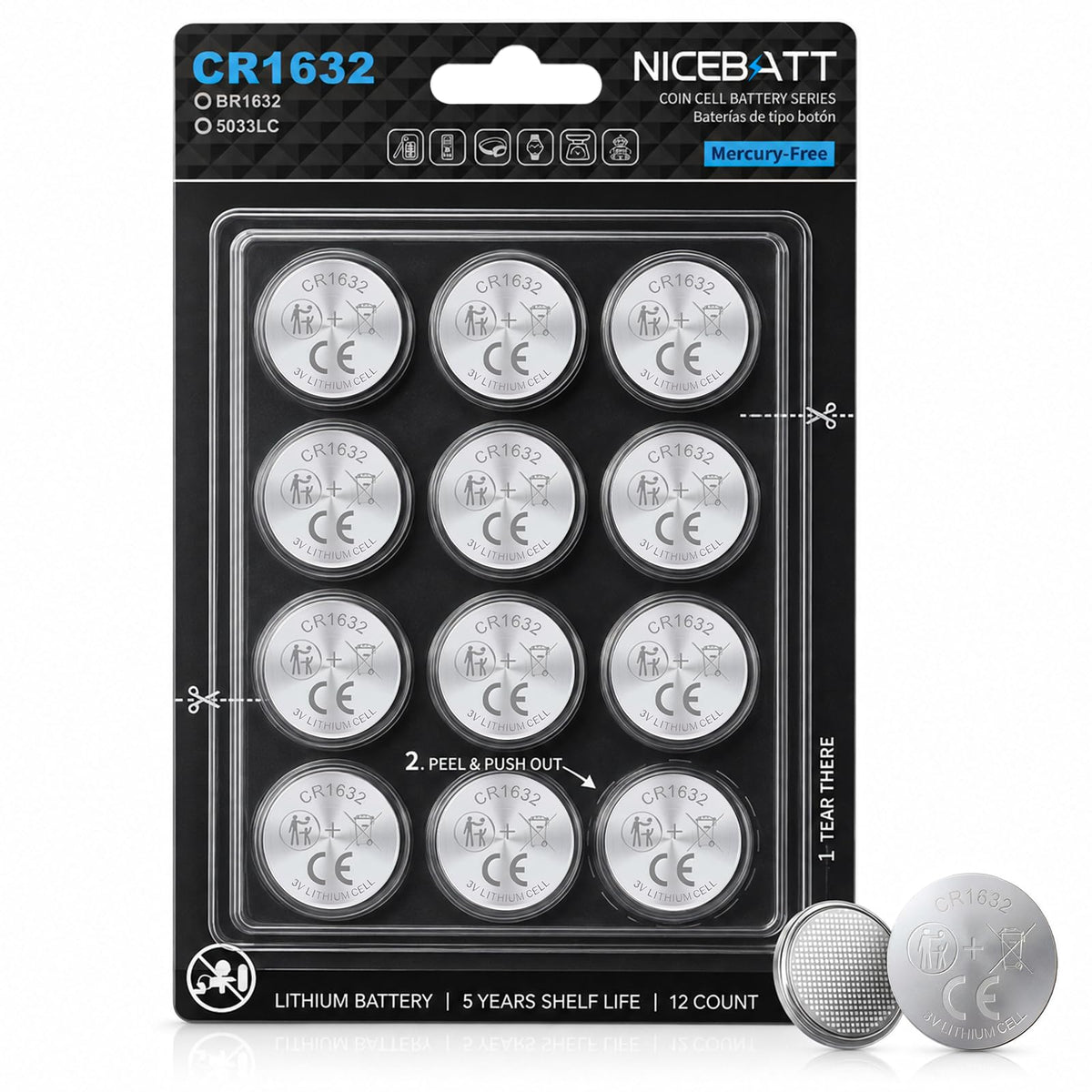 NICEBATT CR1632 3V Lithium Battery 12 Pack, High Capacity 1632 Batteries for Key Fob
