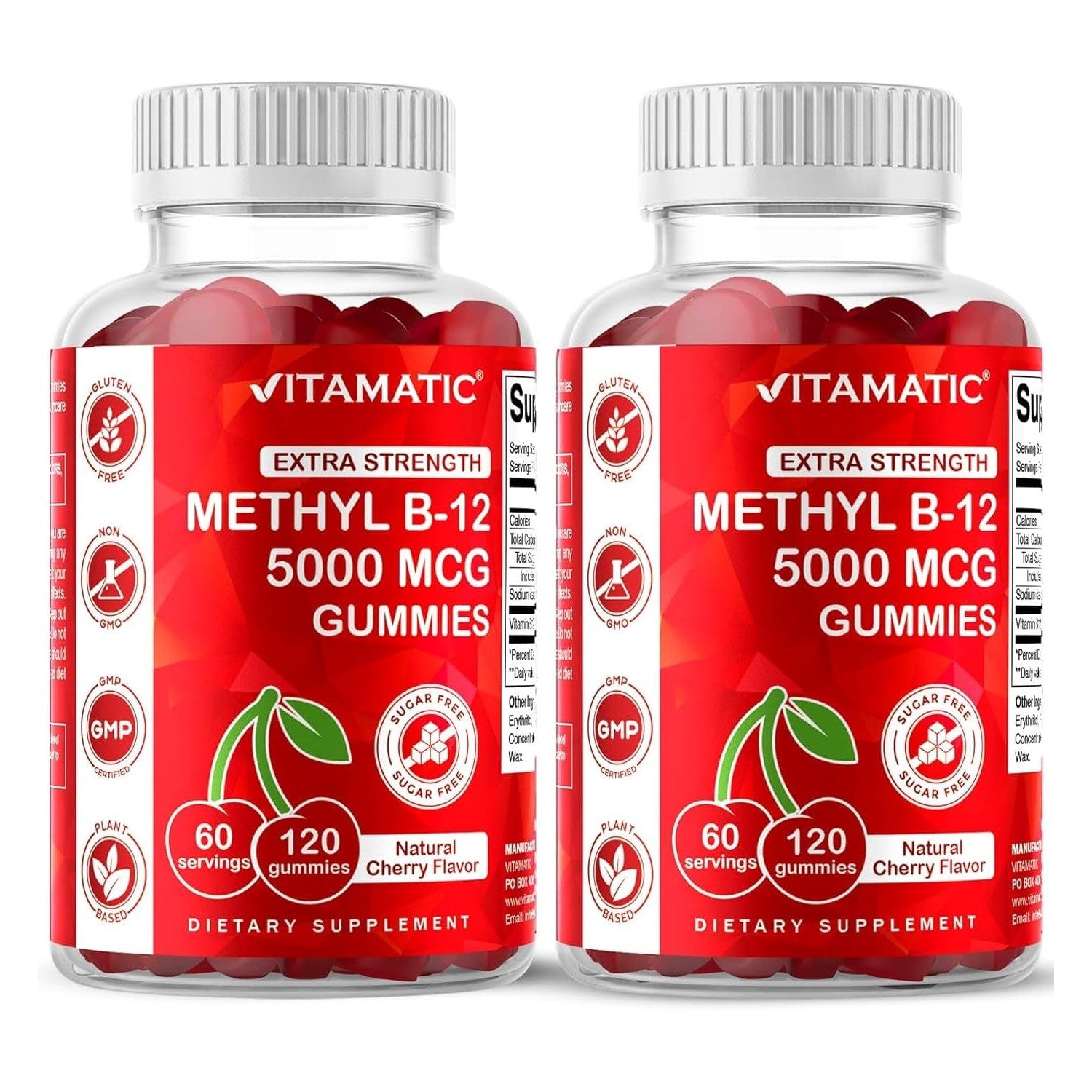 Vitamatic Methyl B12 5000 mcg, 120 Gummies, Natural Cherry Flavor | Extra Strength, Energy Metabolism Support and Nervous System Health Support*, Non-GMO, Gluten Free