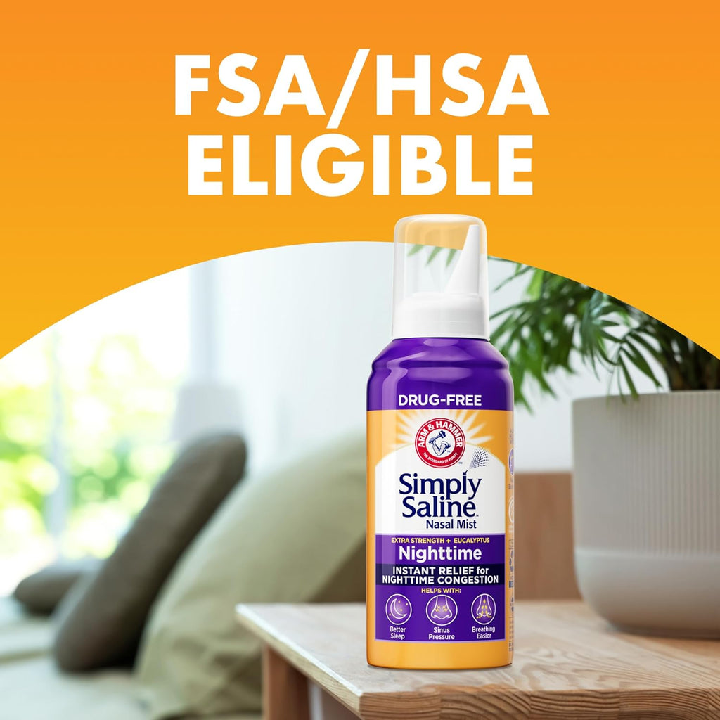 Buy now ARM & HAMMER Simply Saline Nighttime Drug-Free Mist for Nasal Congestion at Night, Extra Strength, Calming Eucalyptus, Safe to Use with Rx and OTC, For Adults and Kids Ages 2+, 4.6 oz (129 g) at indiglob india