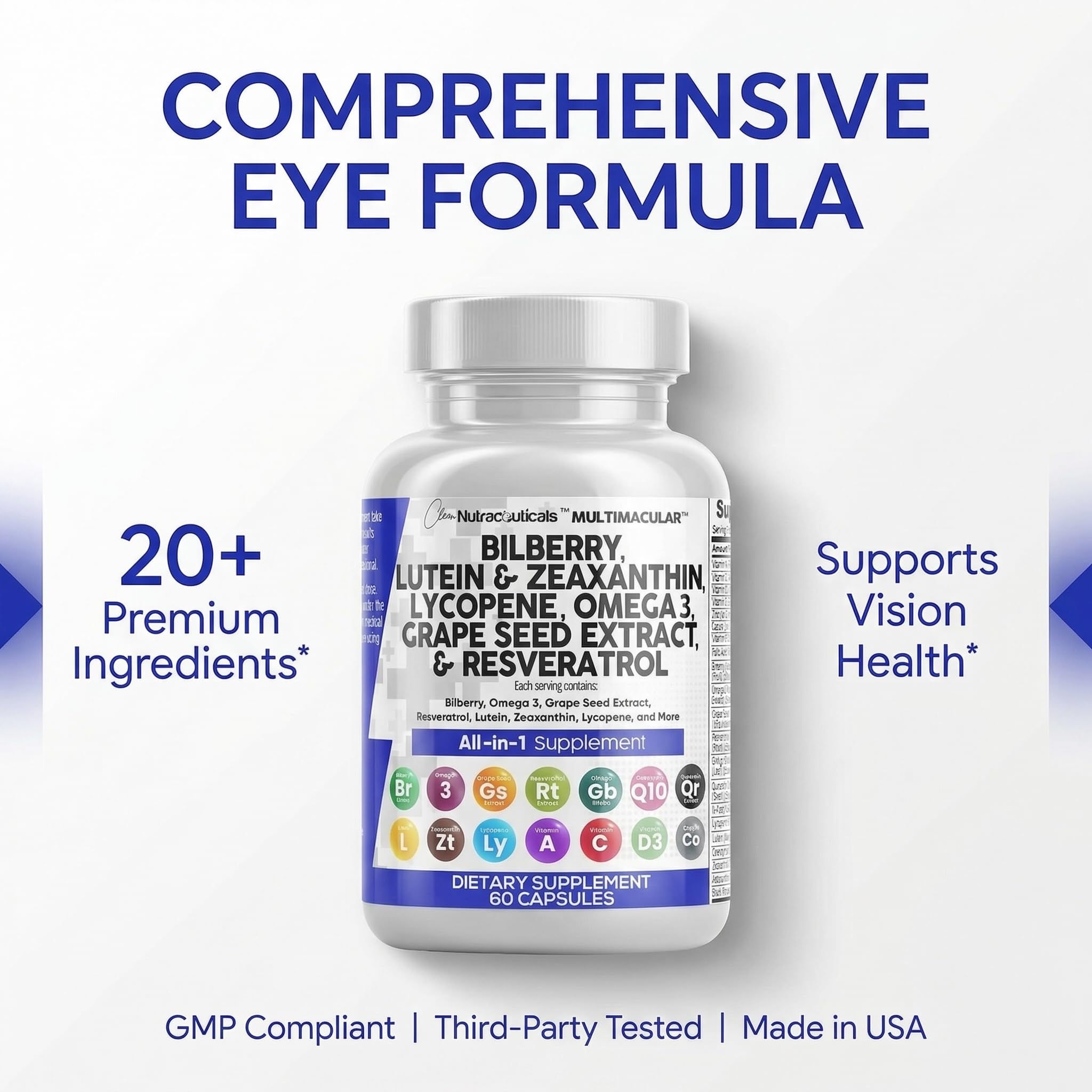 Clean Nutra Eye Vitamins with Bilberry Lutein and Zeaxanthin Supplements Lycopene 40mg Resveratrol Grape Seed Astaxanthin for Eyes - Eye Care Health Support Eye Vitamin and Mineral Supplement