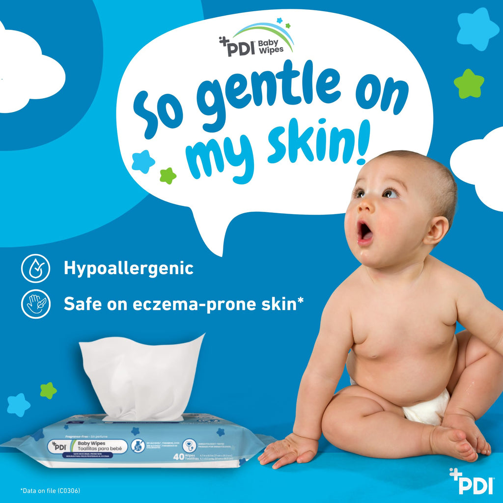 PDI Baby Wipes, Hypoallergenic, Eczema Safe, Fragrance Free, Plant-Based Wipes, 1-Pack, 40 Wipes per Pack, 8.0 x 6.7 in