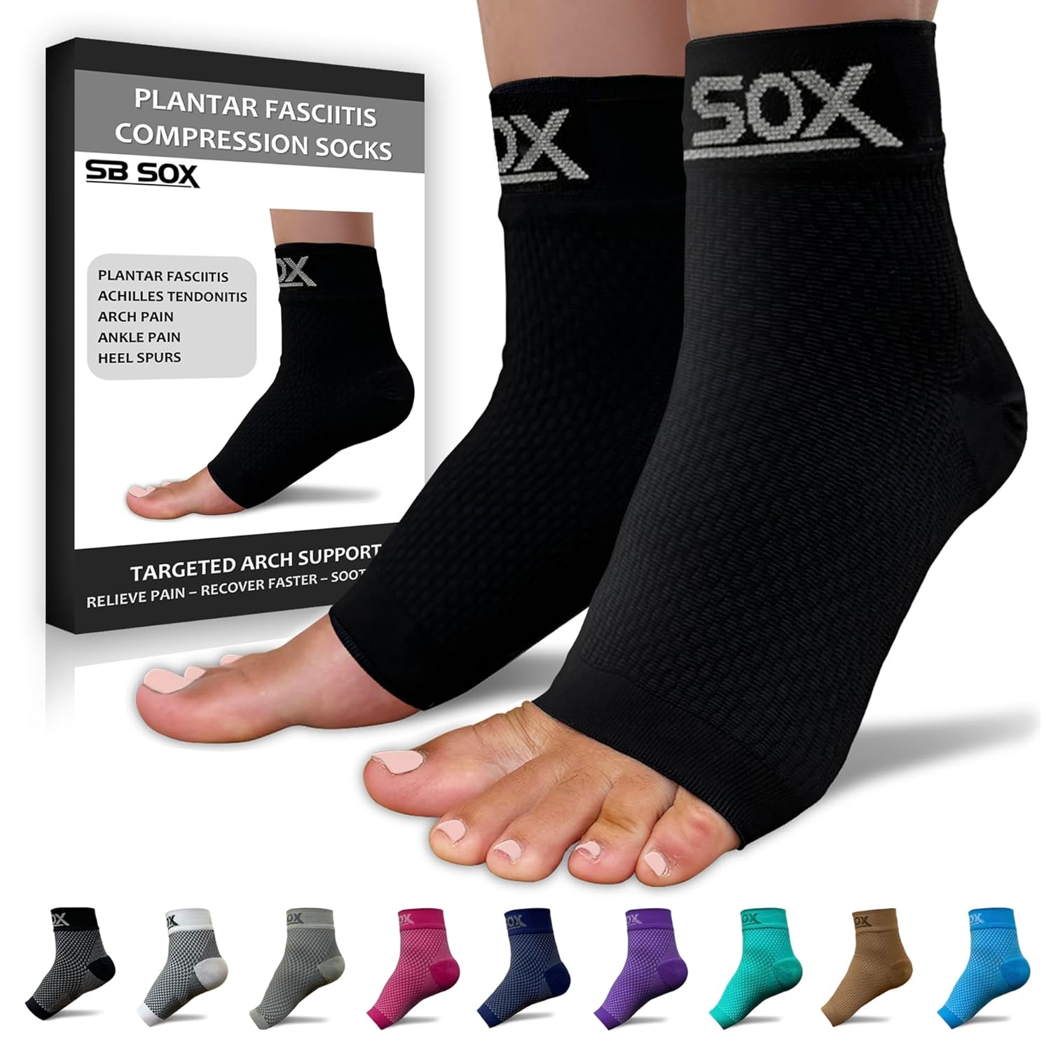 Buy now SB SOX Plantar Fasciitis Relief Socks â€“ Ankle Brace Compression Sleeve â€“ Arch Support for Foot Pain, Swelling, Heel Spurs â€“ Foot Brace for Achilles Tendonitis Relief, Injury Recovery (Blue, Medium) Large Solid Black at indiglob india