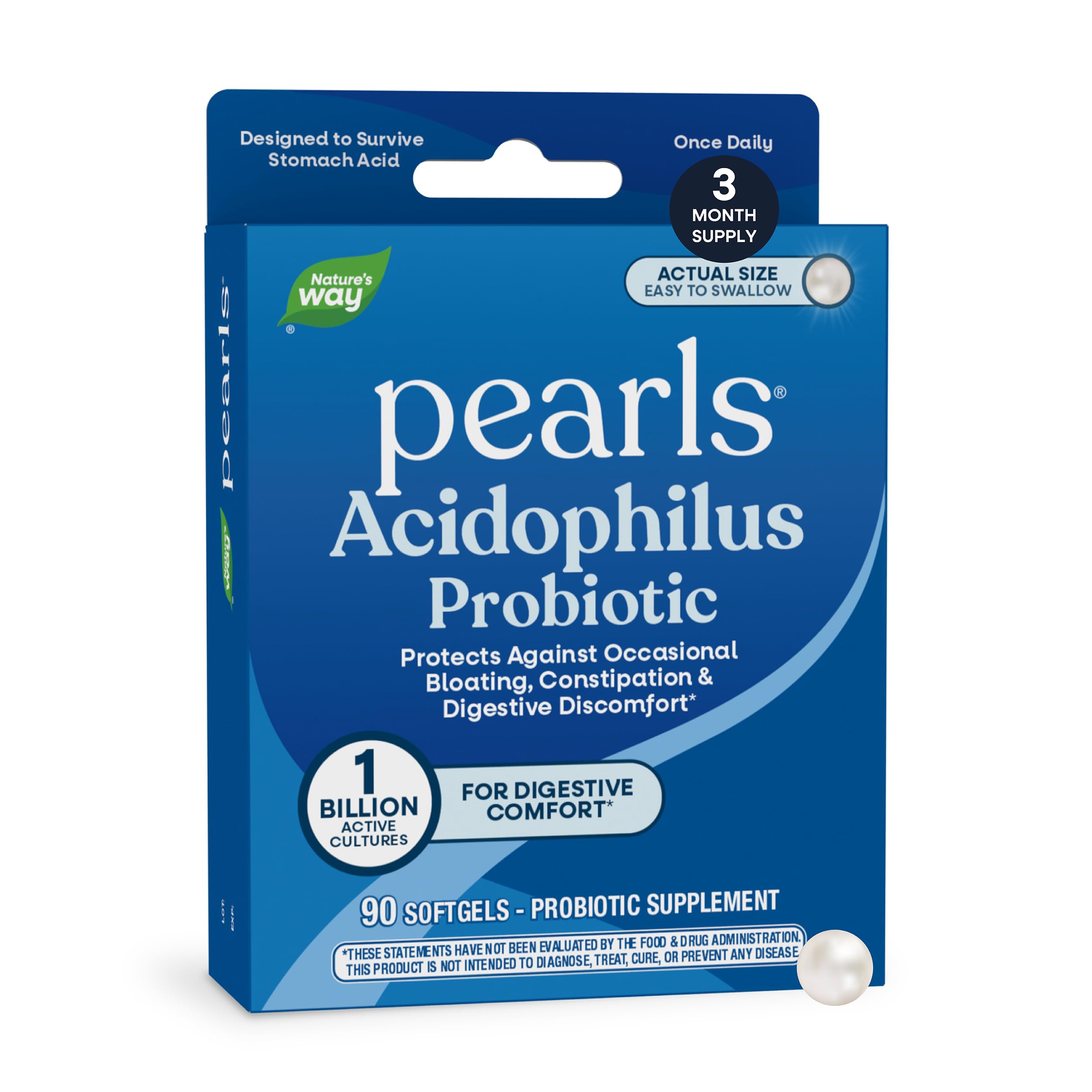 Nature's Way Probiotic Pearls Acidophilus Softgels, 1 Billion CFU, 90 ct | Supports Digestive Balance & Gut Health*, Reduces Occasional Constipation and Bloating*, 1 Billion CFU, No Refrigeration