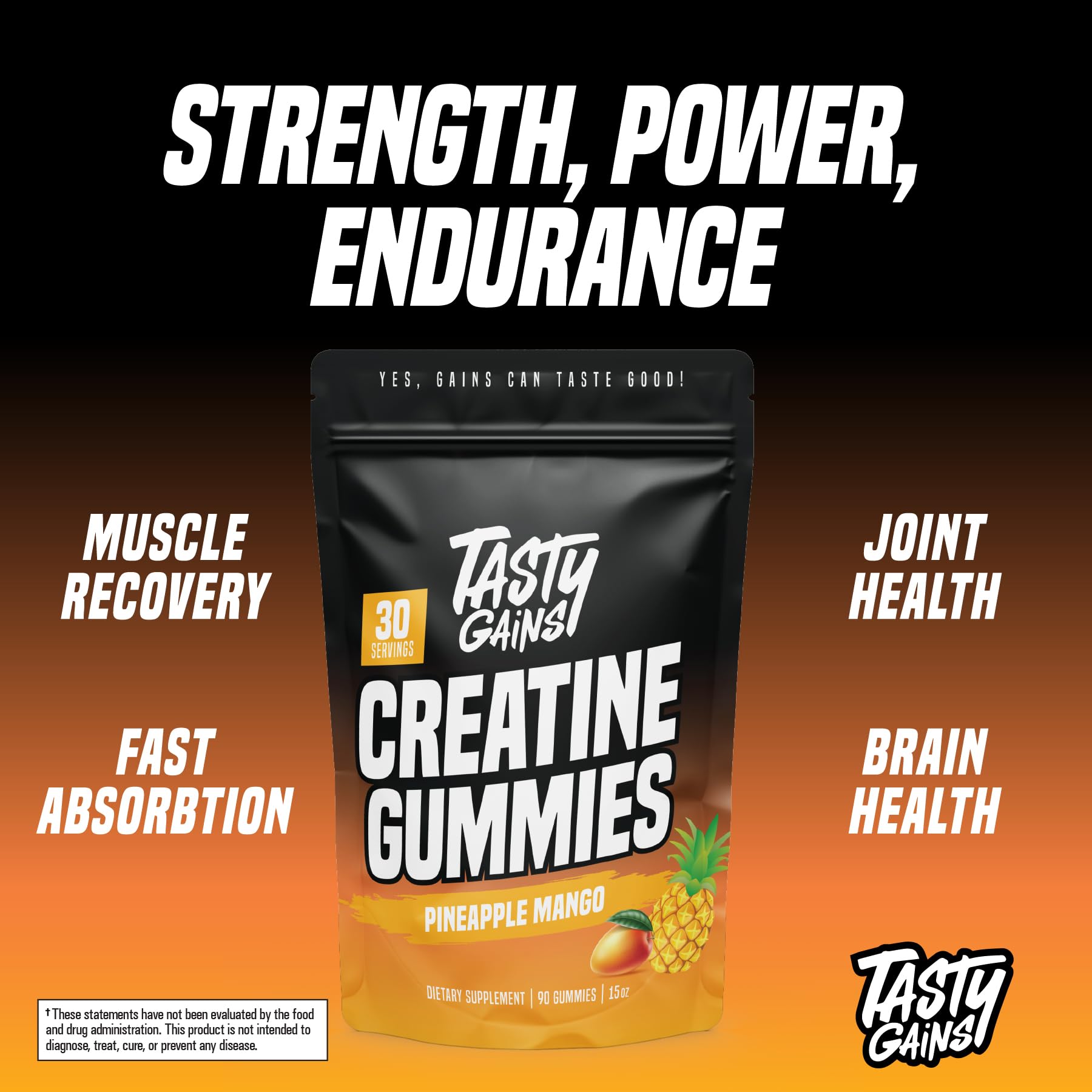 TASTY GAINS Creatine Gummies - 90g of Creatine Monohydrate - Workout Supplements - Build Muscle & Boost Strength for Men & Women - Made in USA - Non GMO - Vegan Friendly (Large, Pineapple Mango)