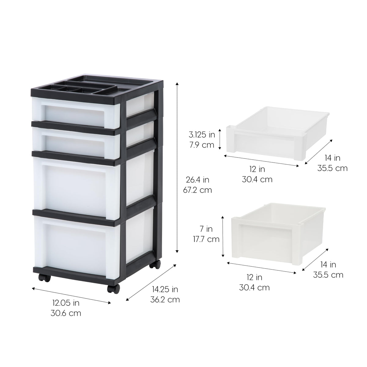 IRIS USA 4-Drawer Rolling Storage Cart with Organizer Top, Black/Pearl