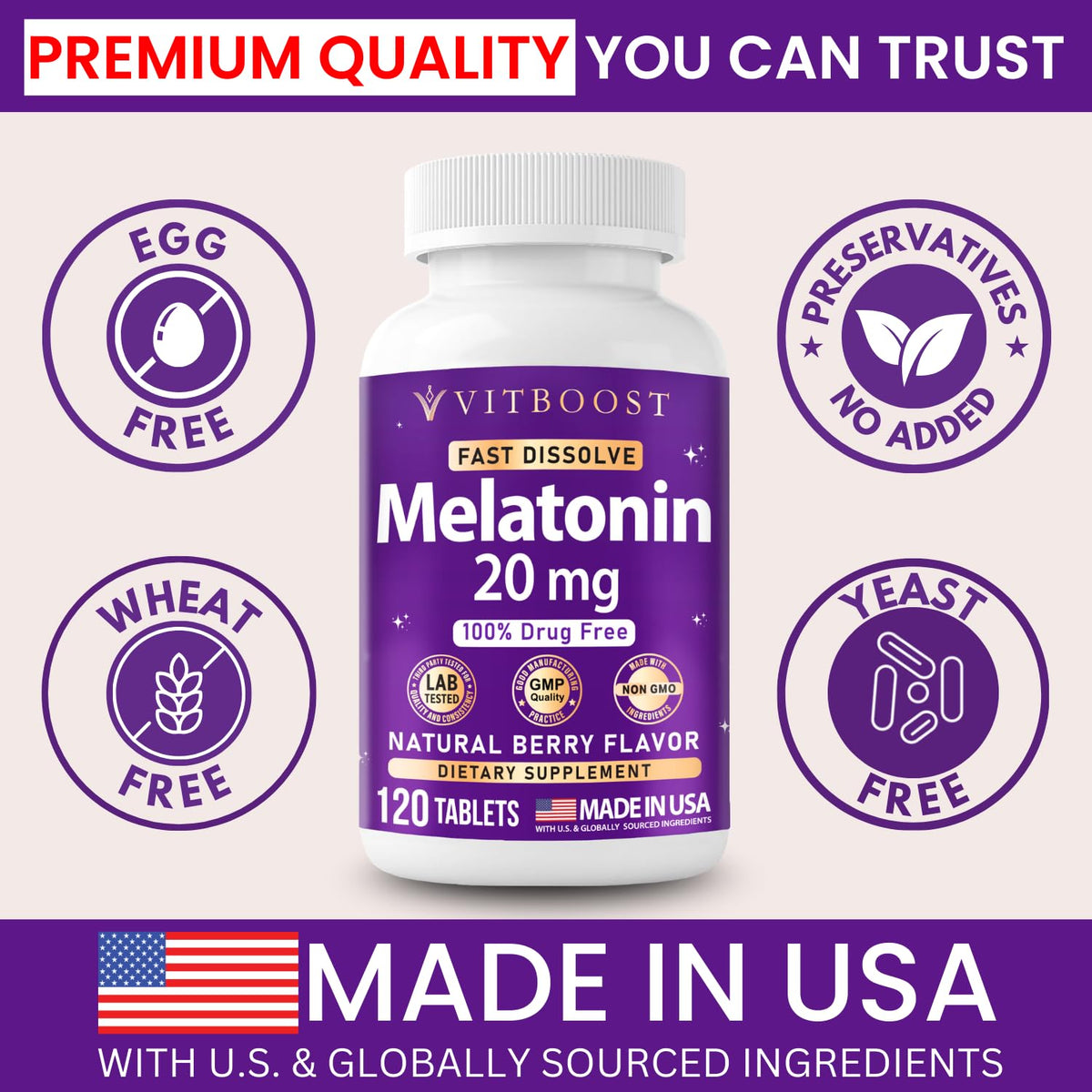VITBOOST Melatonin 20mg Fast Dissolve Sleep Aid Tablets for Adults - 120 CT