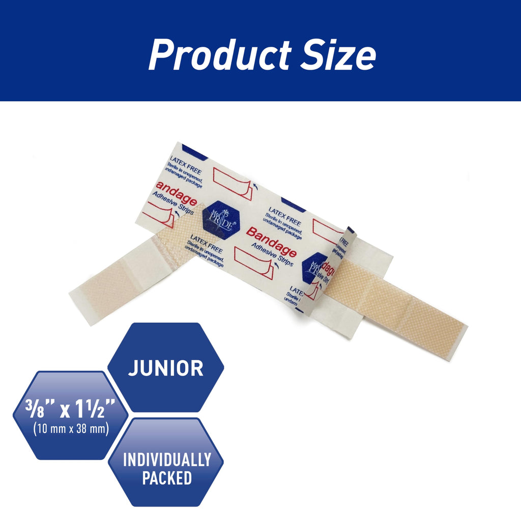 MED PRIDE Junior Strip Bandages,Hypoallergenic,Latex-Free,3/8x1.5 in,100-Ct