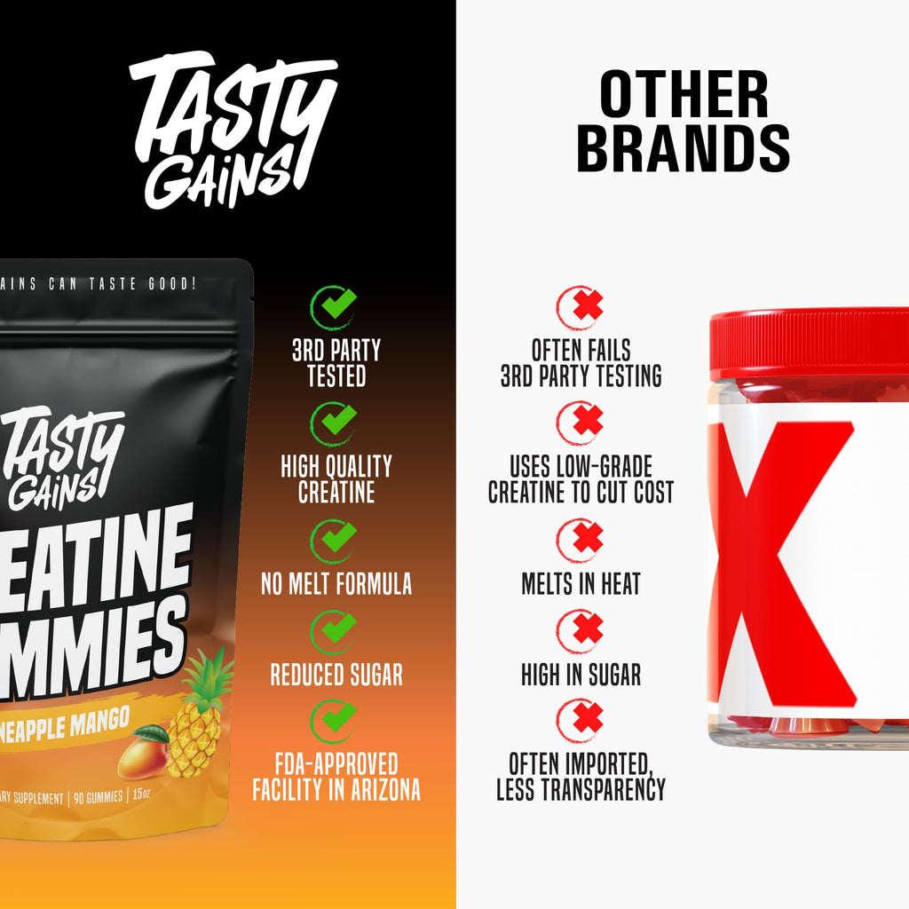 TASTY GAINS Creatine Gummies - 90g of Creatine Monohydrate - Workout Supplements - Build Muscle & Boost Strength for Men & Women - Made in USA - Non GMO - Vegan Friendly (Large, Pineapple Mango)