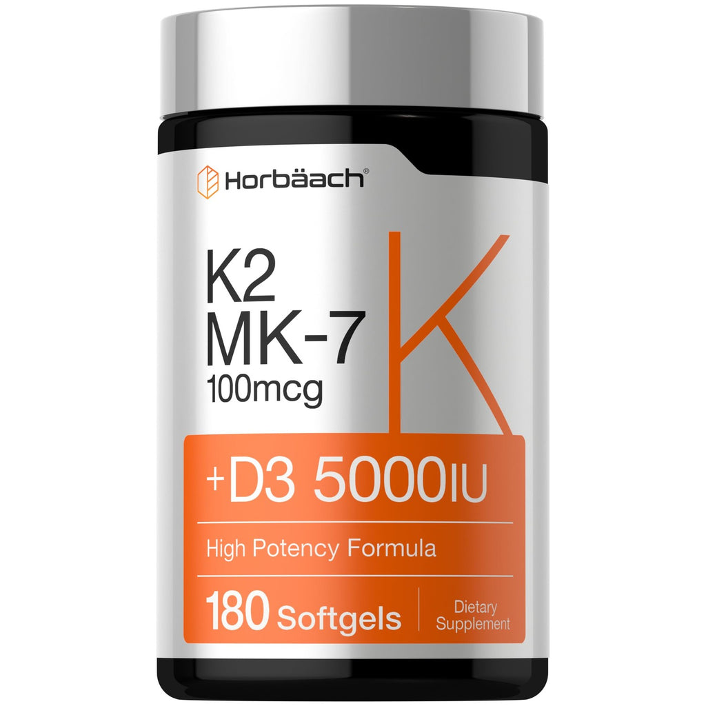 Horbäach Vitamin D3 K2 5000 iu | 100mcg MK-7 Complex | 180 Softgel Capsules | Non-GMO & Gluten Free Supplement