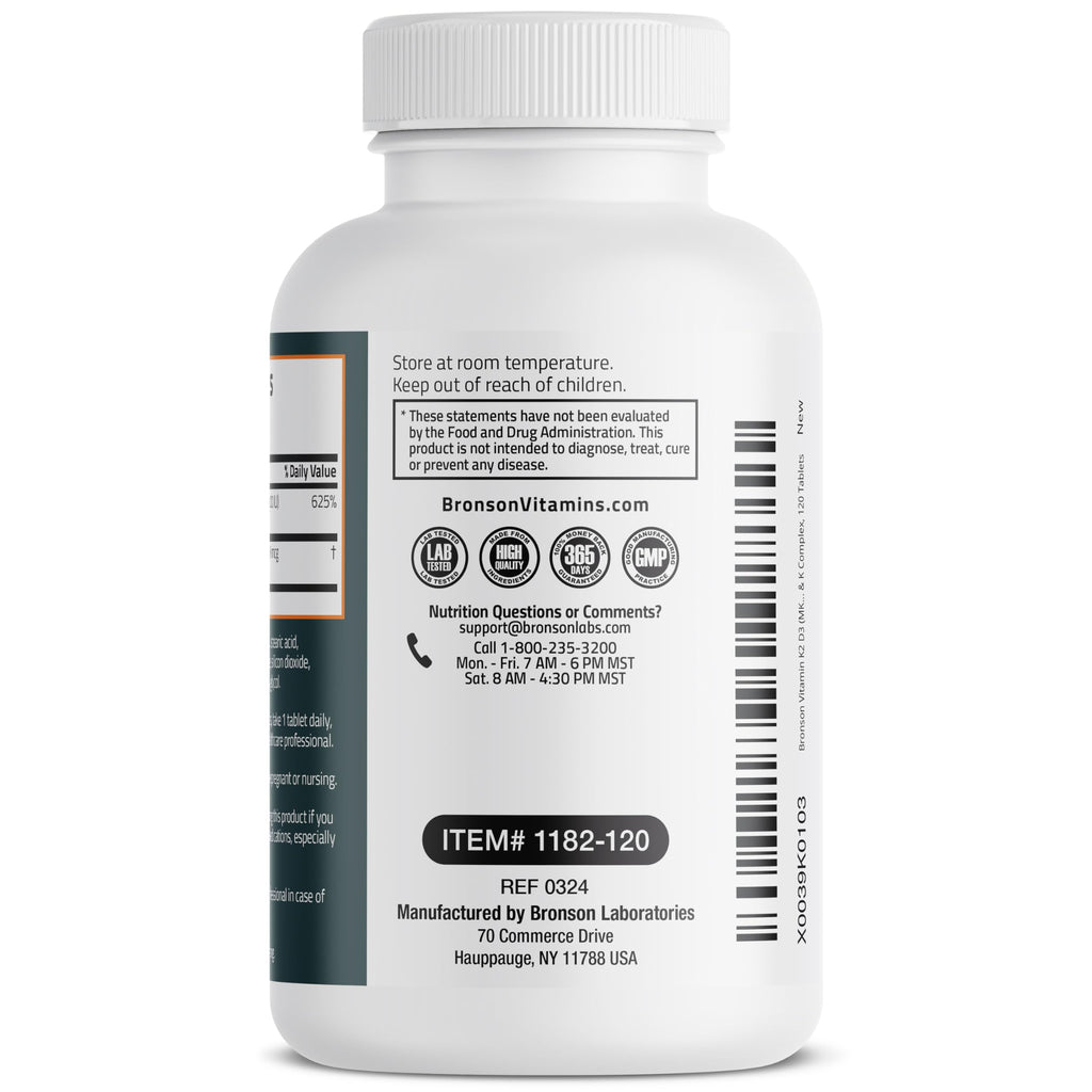 Bronson Vitamin K2 D3 (MK7) Supplement 2-in-1 D3 & K2 Complex, 120 Tablets | Bone, Immune & Heart Health Support, Gluten-Free, Soy-Free, Non-GMO, Vitamin D3 5000 IU (125 mcg) & 90 mcg K2 MK-7