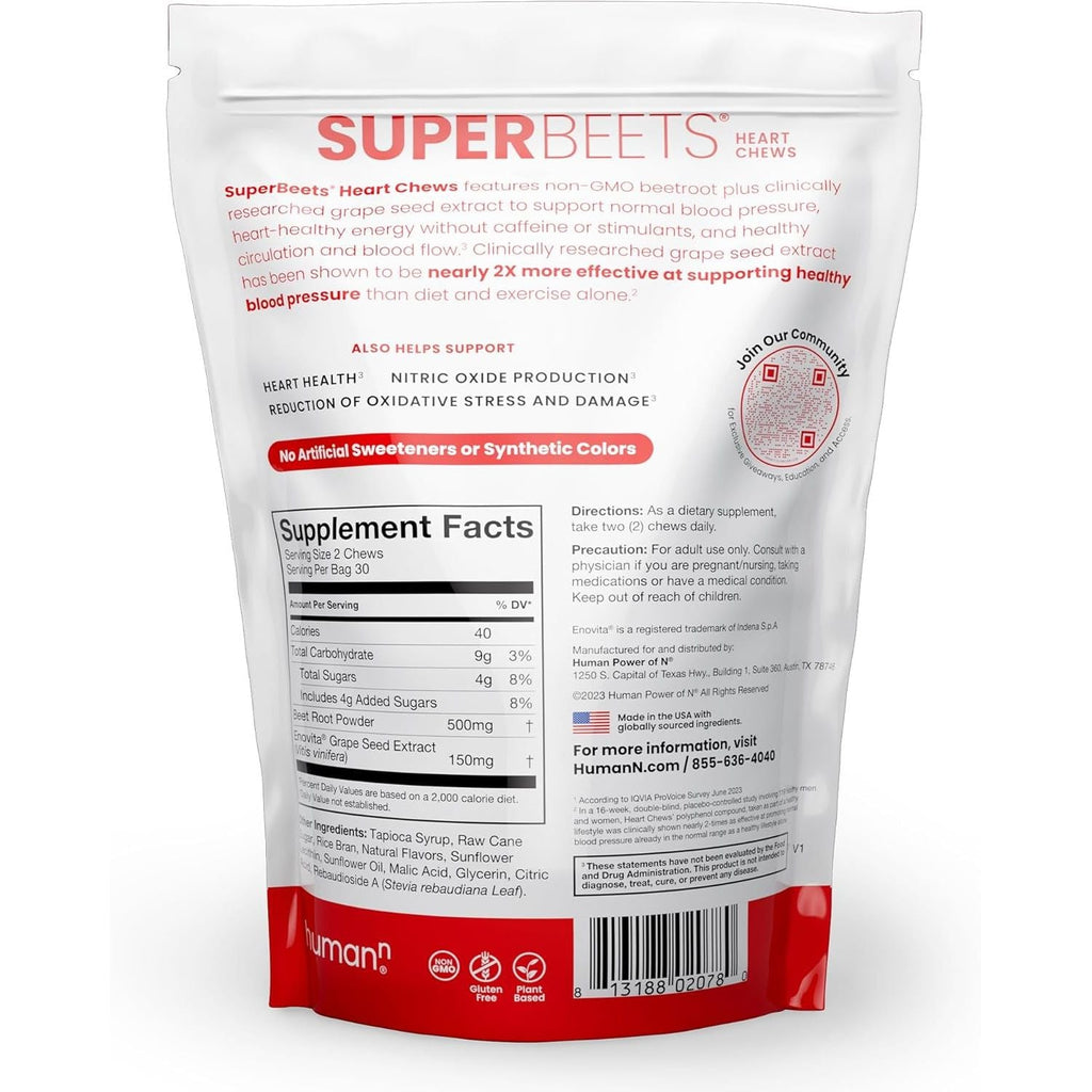 Buy now Humann SuperBeets Heart Chews, Nitric Oxide and Blood Pressure Support, Grape Seed Extract & Non-GMO Beet Root Powder Energy Supplement, Pomegranate Berry Flavor, 60 Count at indiglob india
