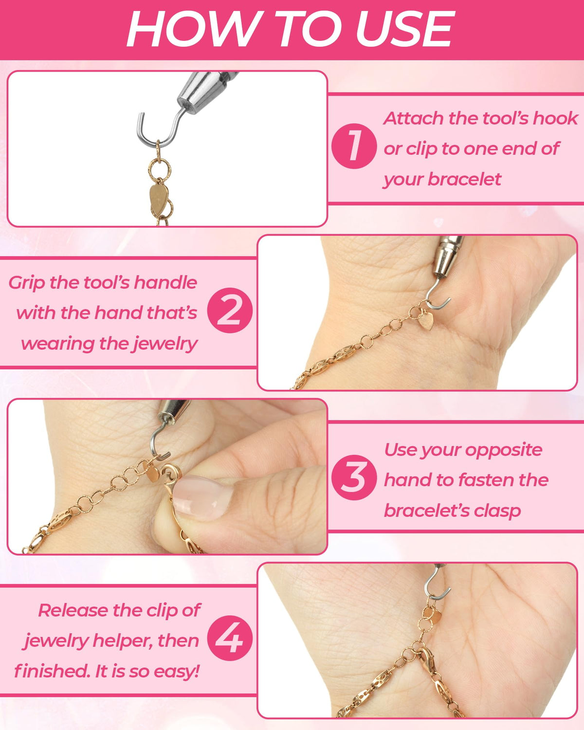 4 PCS Bracelet Helper Tool, Quick Release Fastener Helpers Tool Hooks for Necklace, Jewelry, Watch, Portable Bracelet Assistance Tool to Put on Yourself, Clip, Clasp Helper with Non-Slip Rubber Tips.