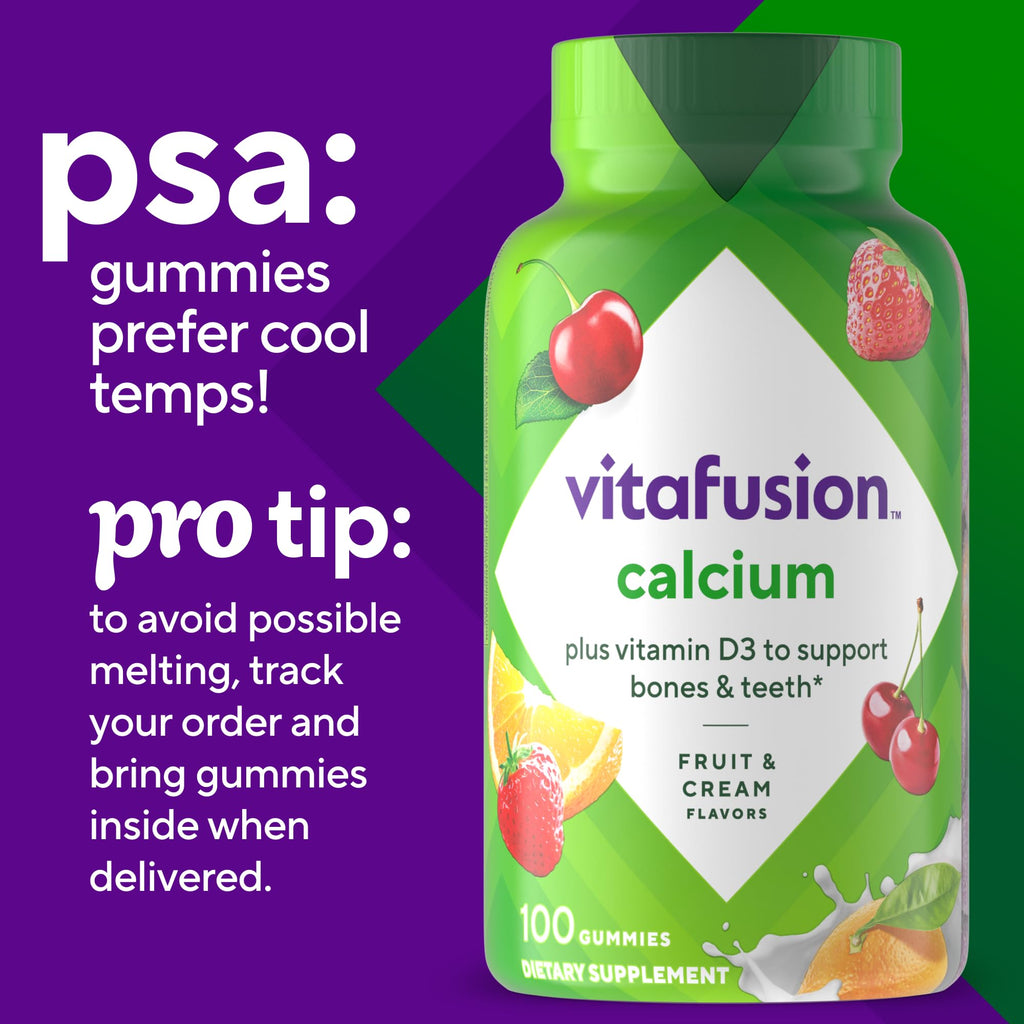 Vitafusion Calcium Gummies | 500 mg | 100 Adult Gummy Vitamins | for Women and Men | with Vitamin D3 | Fruit & Cream Flavors | Gluten and Dairy Free Bone and Teeth Supplement