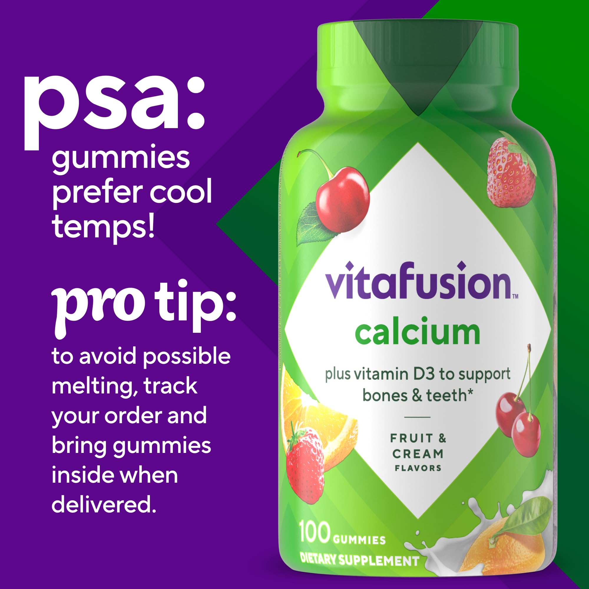 Vitafusion Calcium Gummies | 500 mg | 100 Adult Gummy Vitamins | for Women and Men | with Vitamin D3 | Fruit & Cream Flavors | Gluten and Dairy Free Bone and Teeth Supplement