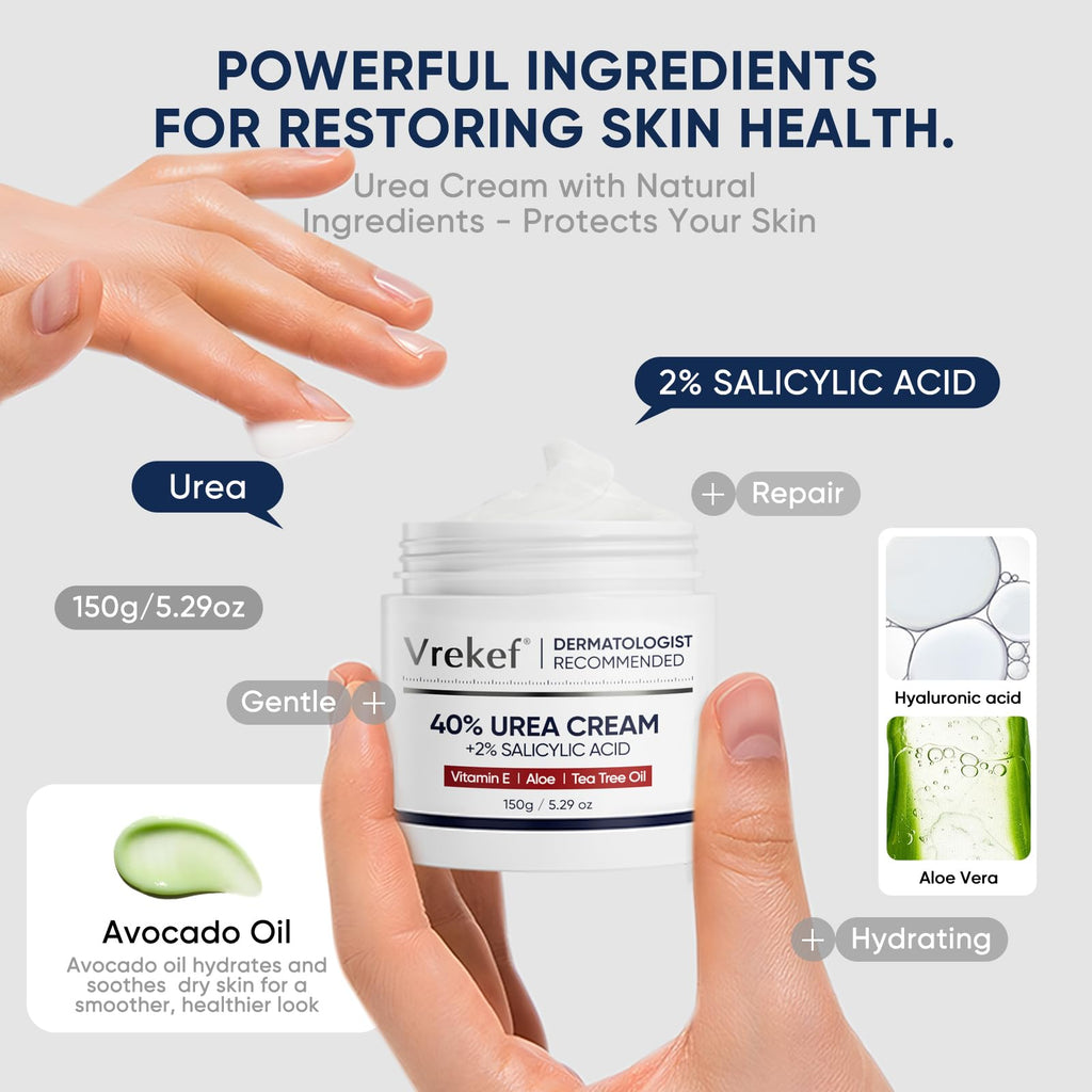 Urea Cream 40 Percent with 2 Percent Salicylic Acid, Foot & Hand Cream for Dry Cracked Heels, Callus Softener for Feet, Exfoliating Foot Cream for Rough Thick Skin, 5.29 oz