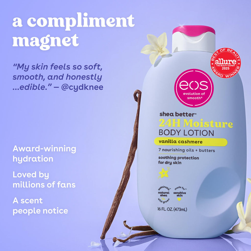 eos Shea Better Body Lotion Vanilla Cashmere, 24-Hour Moisture Skin Care, Lightweight & Non-Greasy, Natural Shea, Vegan, Vanilla Body Lotion, 16 fl oz