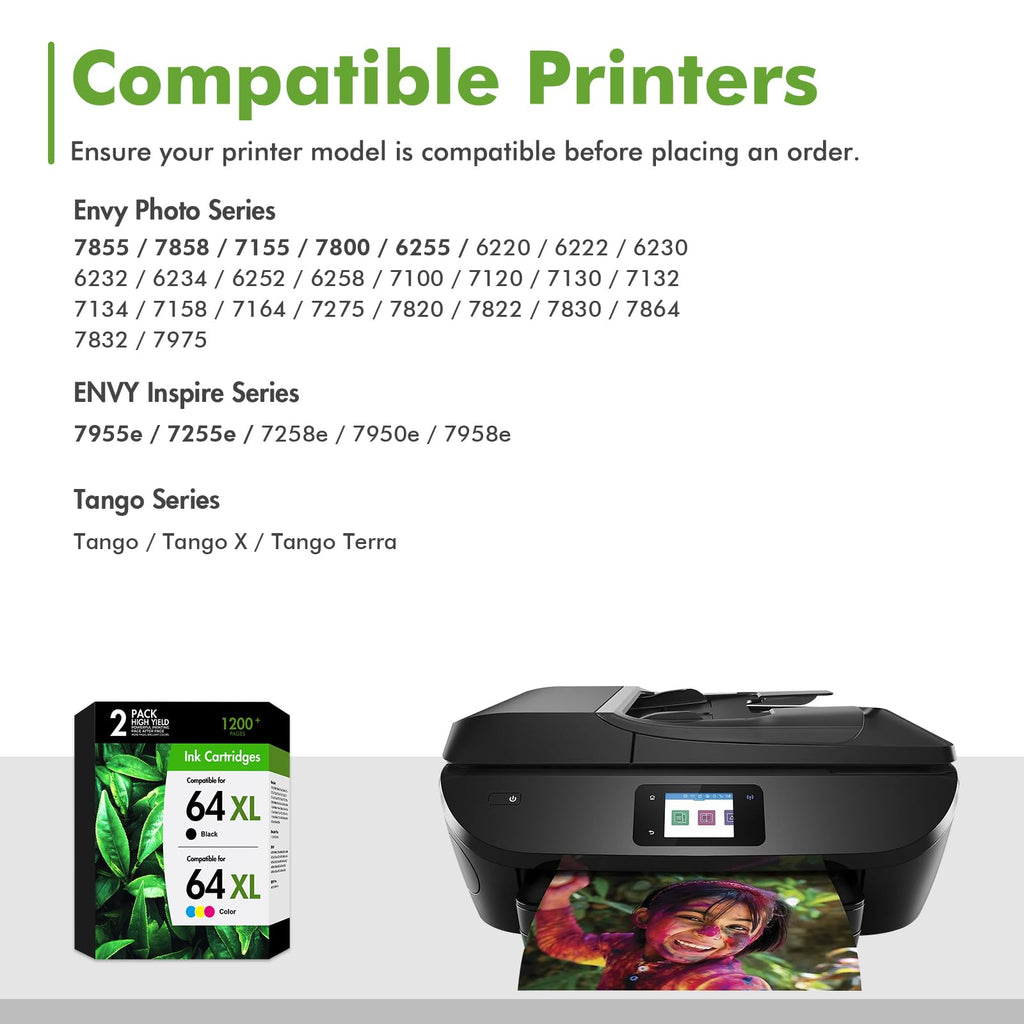 64 64XL Black and Color Ink Cartridges Combo Pack for HP 7855 7900e Printer