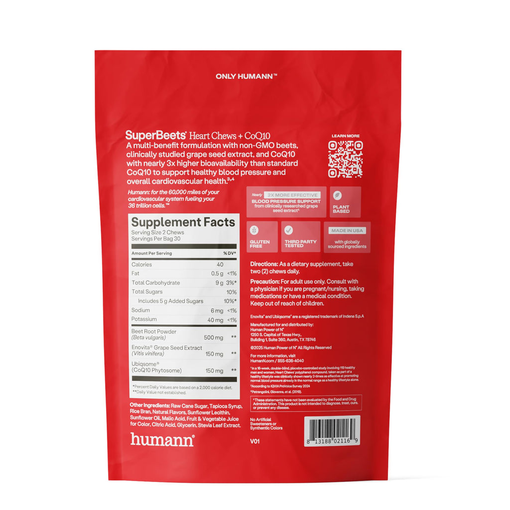 HumanN SuperBeets 3-in-1 Heart Chews + 3X Absorption 150mg CoQ10, 60 Ct | Blood Pressure Support, Nitric Oxide Support & Cellular Energy, Non-GMO Beetroot, Grape Seed Extract, Once Daily, Made in USA