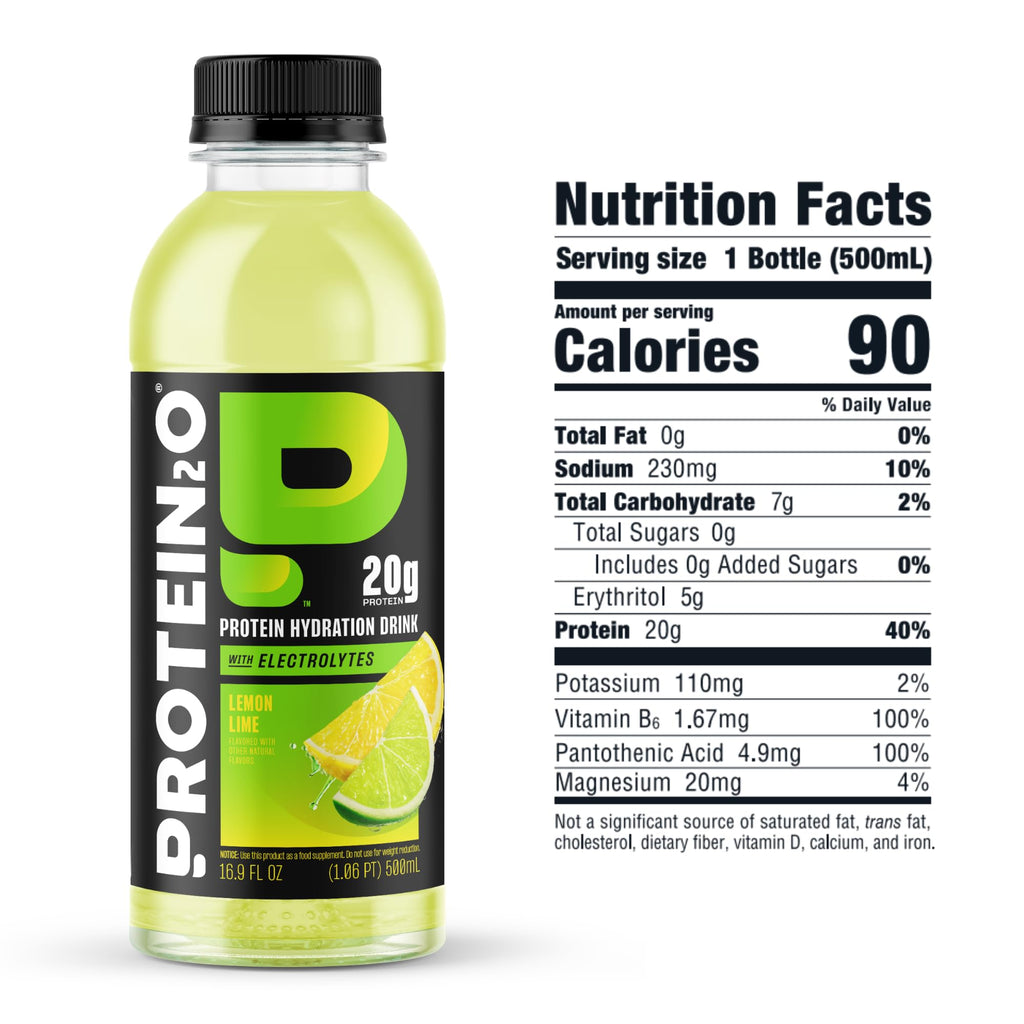 Protein2o 20g Whey Protein Isolate Hydration Drink, 350mg of Electrolytes, Vitamins B5 & B6, Sugar Free, Lemon Lime, 16.9 oz Bottle (12 Count)