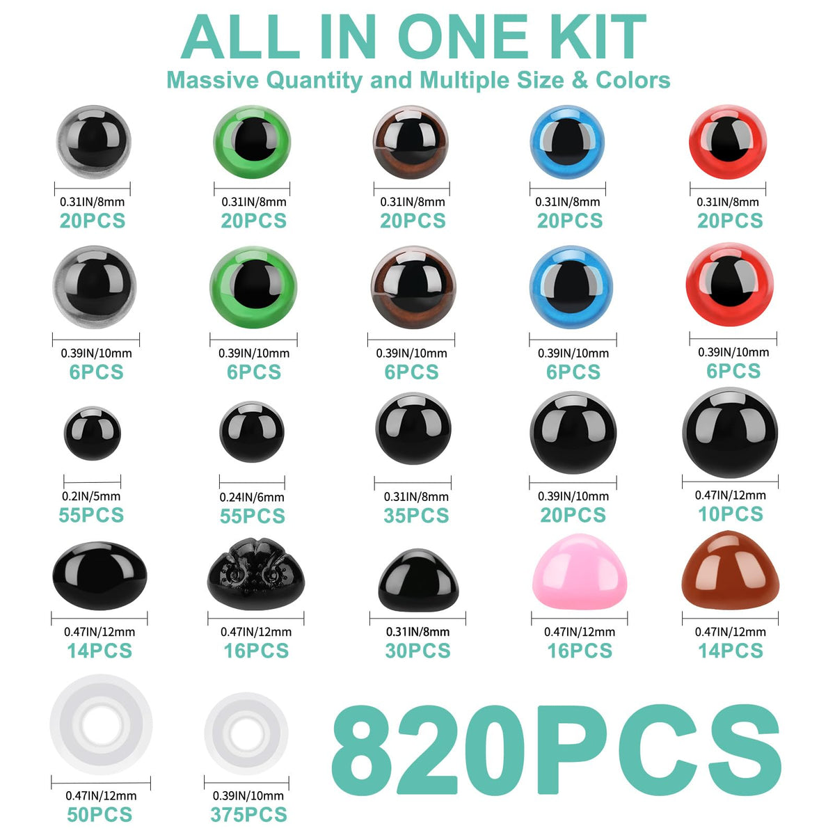 Junreox 820pcs Safety Eyes for Amigurumi, Crochet Stuffed Animals, 5-12mm