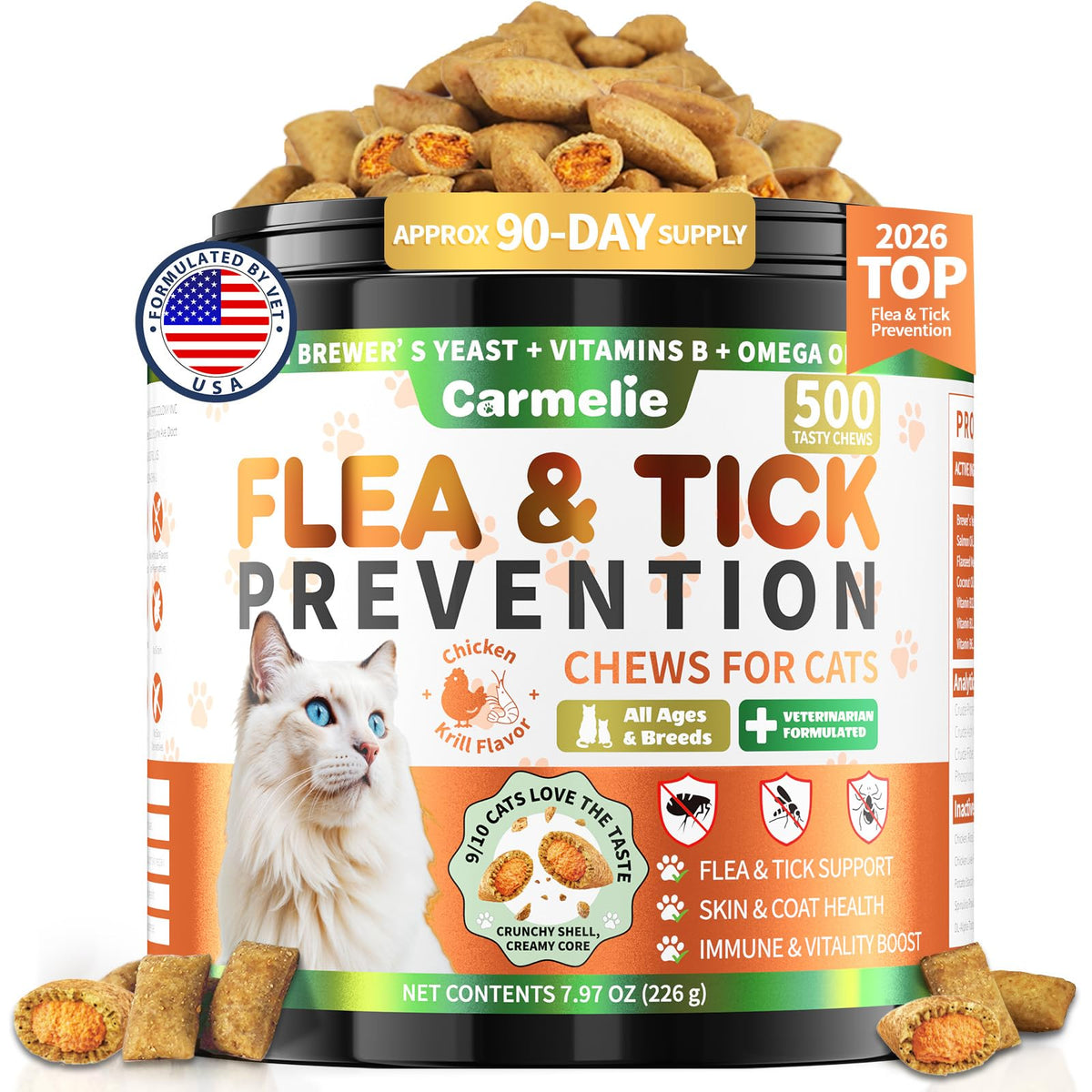 Carmelie Flea and Tick Prevention for Cats Chewables, 500 Crunchy & Creamy