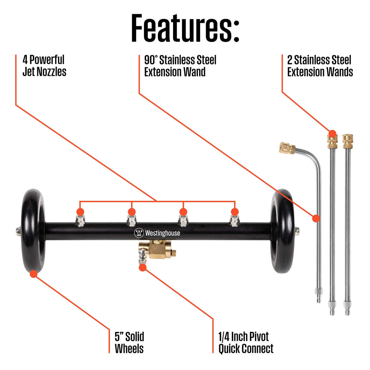 Westinghouse Universal 16" Pressure Washer Undercarriage Cleaner and Water Broom Attachment - 4400 PSI, 1/4" Connector - for Gas and Electric Pressure Washers