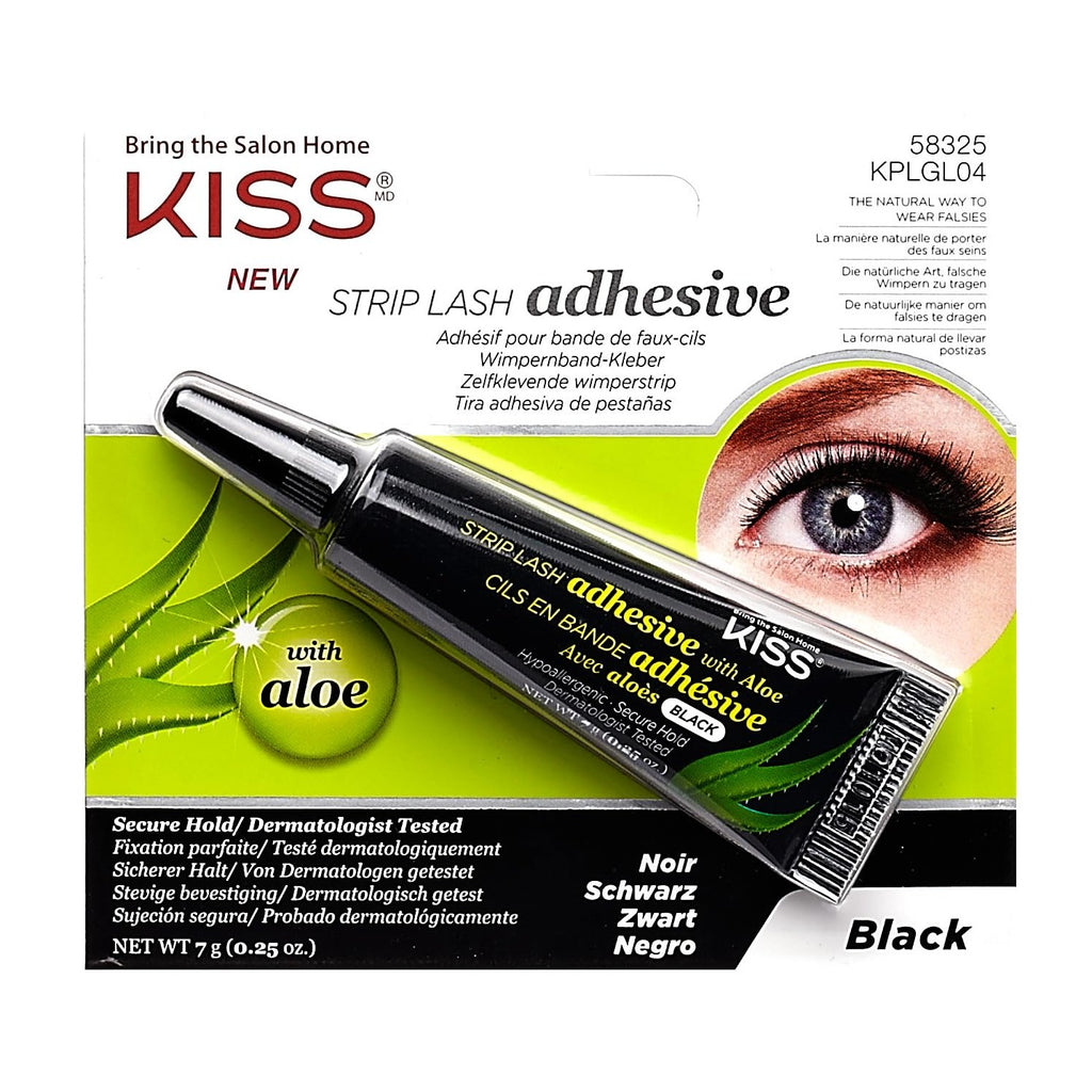 Kiss Black Strip Lash Adhesive with Aloe, Dermatologist Tested, Formaldehyde Free, Non-Irritant, Contact Lens Friendly, Secure Hold, Contains Latex, with Control Nozzle Tip, 0.24 Ounce