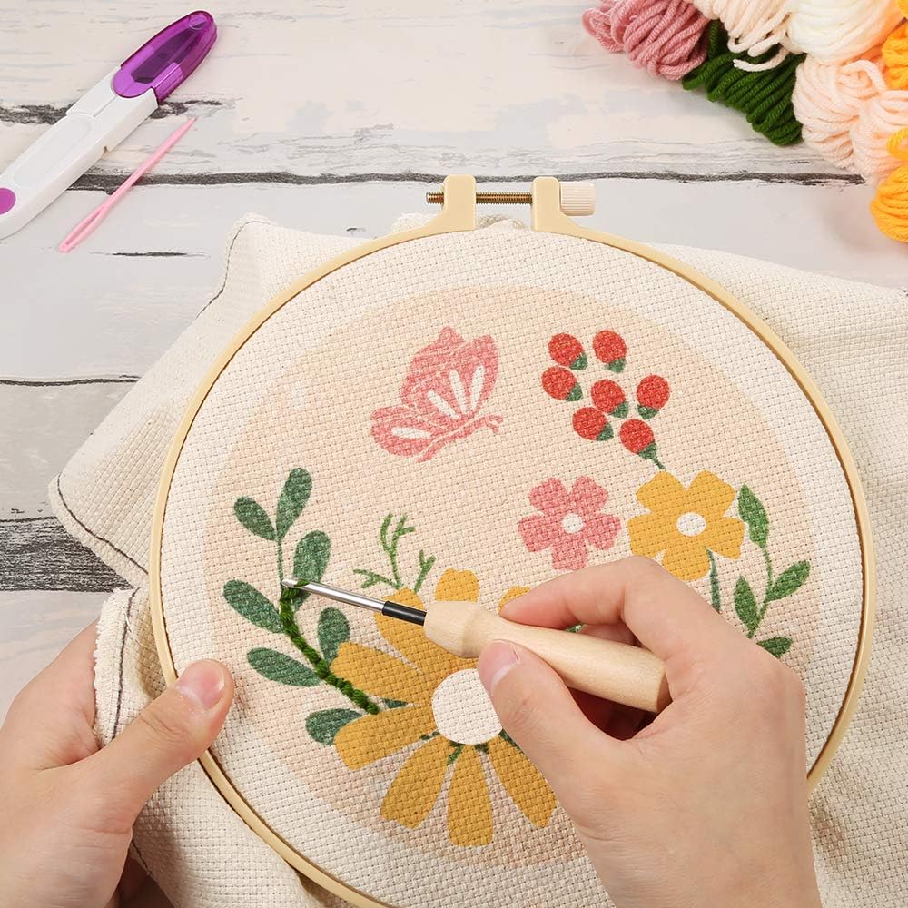 Buy now Pllieay Punch Needle Embroidery Starter Kits for Kids and Adults Beginners, Include Instructions, Punch Needle Fabric with Floral Pattern, Yarns, Embroidery Hoops and Threader Tools at indiglob india