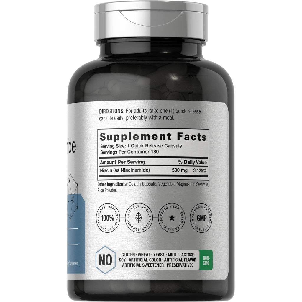 Horbäach Nicotinamide 500mg | 180 Capsules | Flush Free Dietary Supplement