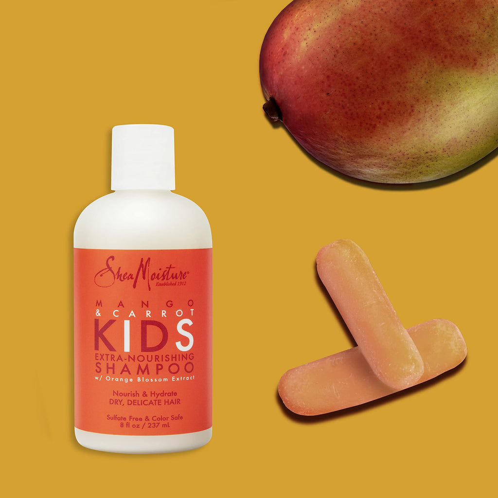 Shea Moisture Kids Shampoo Mango & Carrot Extra Nourishing 8oz | For all kids - gently cleanse, nourish, and detangle curly hair with Mango Butter, Carrot Oil, and Shea Butter.