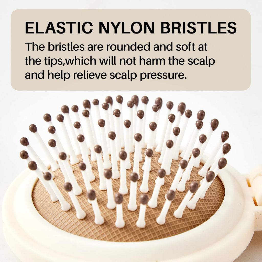 RHOS Folding Brush with Mirror features elastic nylon bristles, gentle on scalp. Available online for easy ordering.