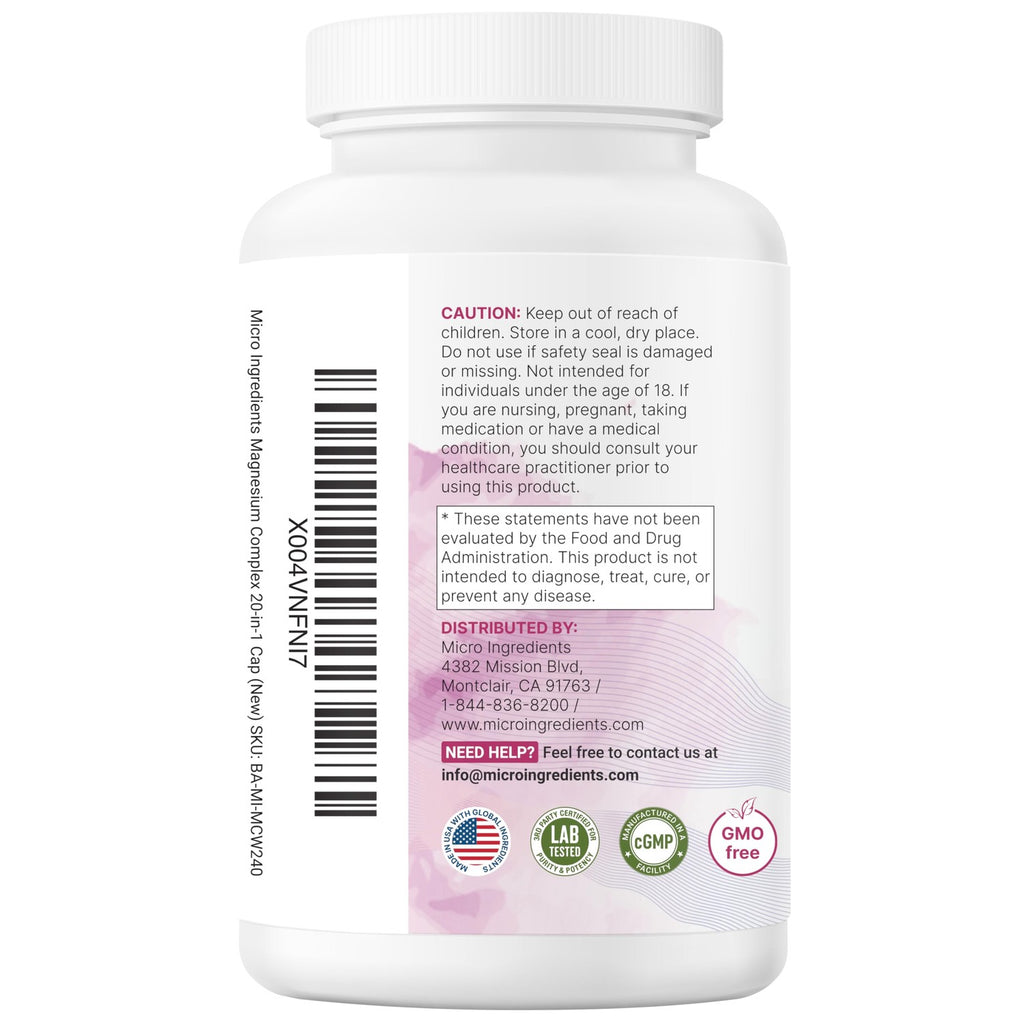 Micro Ingredients Magnesium Complex for Women, 240 Veggie Capsules | 20-in-1 with Glycinate, Citrate & More + D3, K2, Methylated B Complex, Biotin, Inositol & Ashwagandha. Filler Free, Non-GMO.
