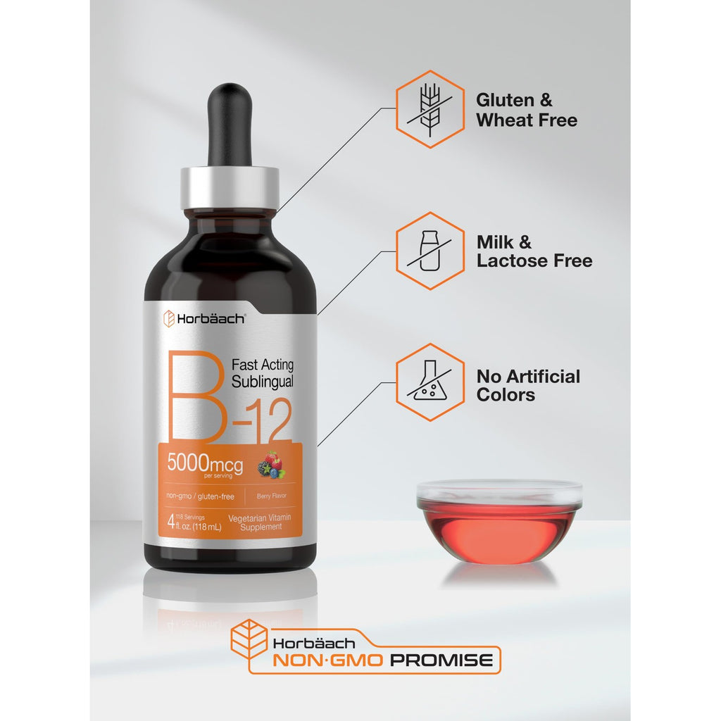 Horbaach B12 Vitamin 5000 mcg Sublingual | 4 Fl Oz | as Methylcobalamin and Cyanocobalamin | Liquid Vegetarian Drops | Berry Flavor | Non-GMO & Gluten Free Supplement