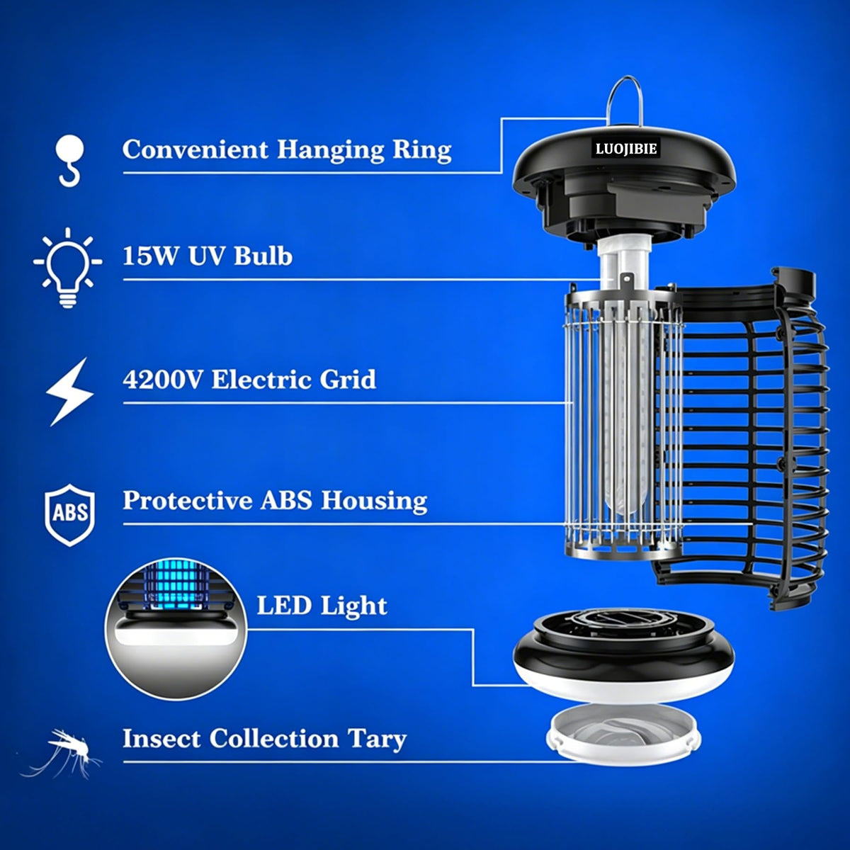 LUOJIBIE Bug Zapper Outdoor, Electric Mosquito Killer Fly Trap with UV/LED Light, 4200V High Voltage Waterproof Flying Insect Zapper for Backyard Patio, Indoor Mosquito Zapper for Home Garage