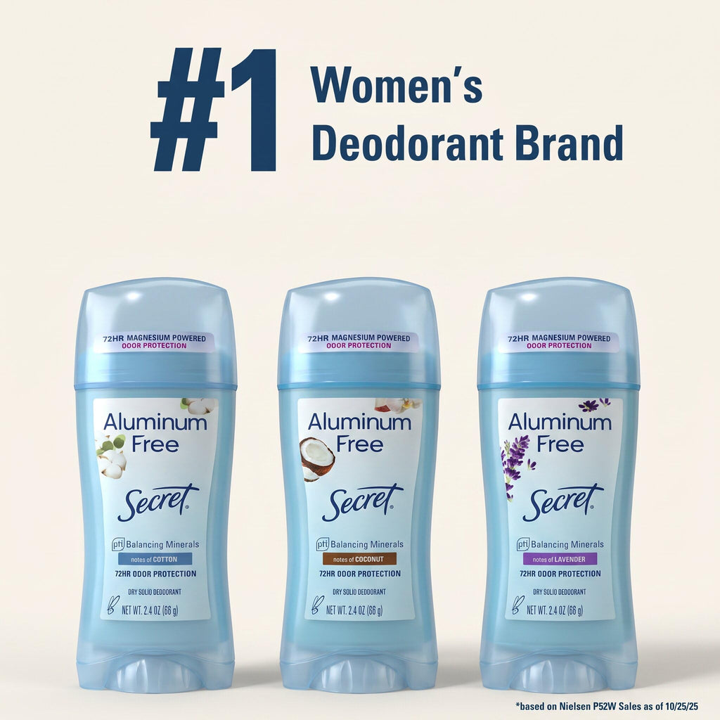 Secret Aluminum Free Deodorant for Women, 72hr Odor Protection, Naturally Derived Ingredients, Free of Parabens Dyes Talc & Baking Soda, PH Balancing Minerals, Dry Solid, Cotton Scent, 2.4 oz