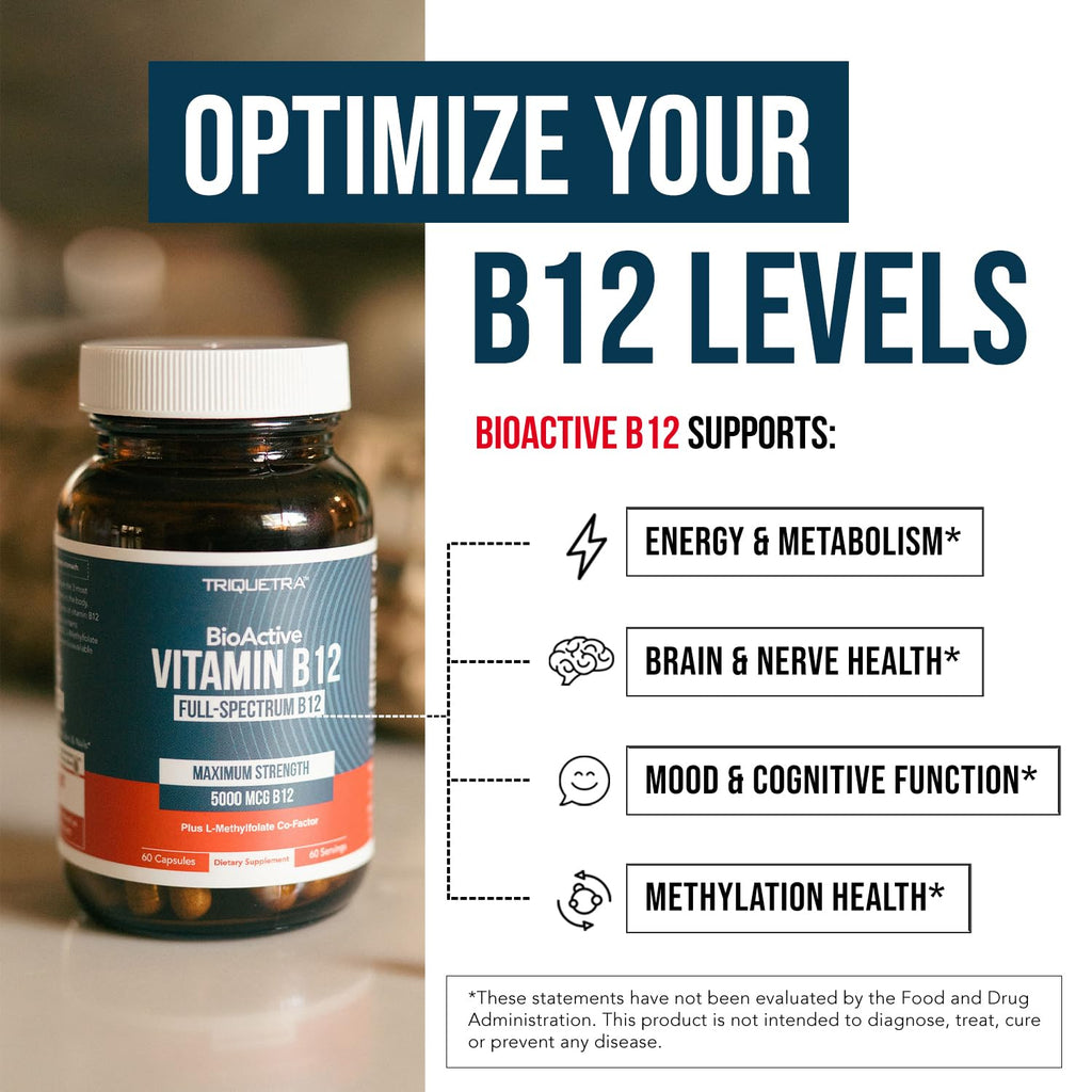 BioActive Vitamin B12 - 5000 mcg, Contains 3 BioActive Forms Methylfolate Cofactor - Methyl B12, Adenosyl B12 & Hydroxy B12 | Supports Energy, Metabolism & Mood | Vegan, Non-GMO (60 Servings)
