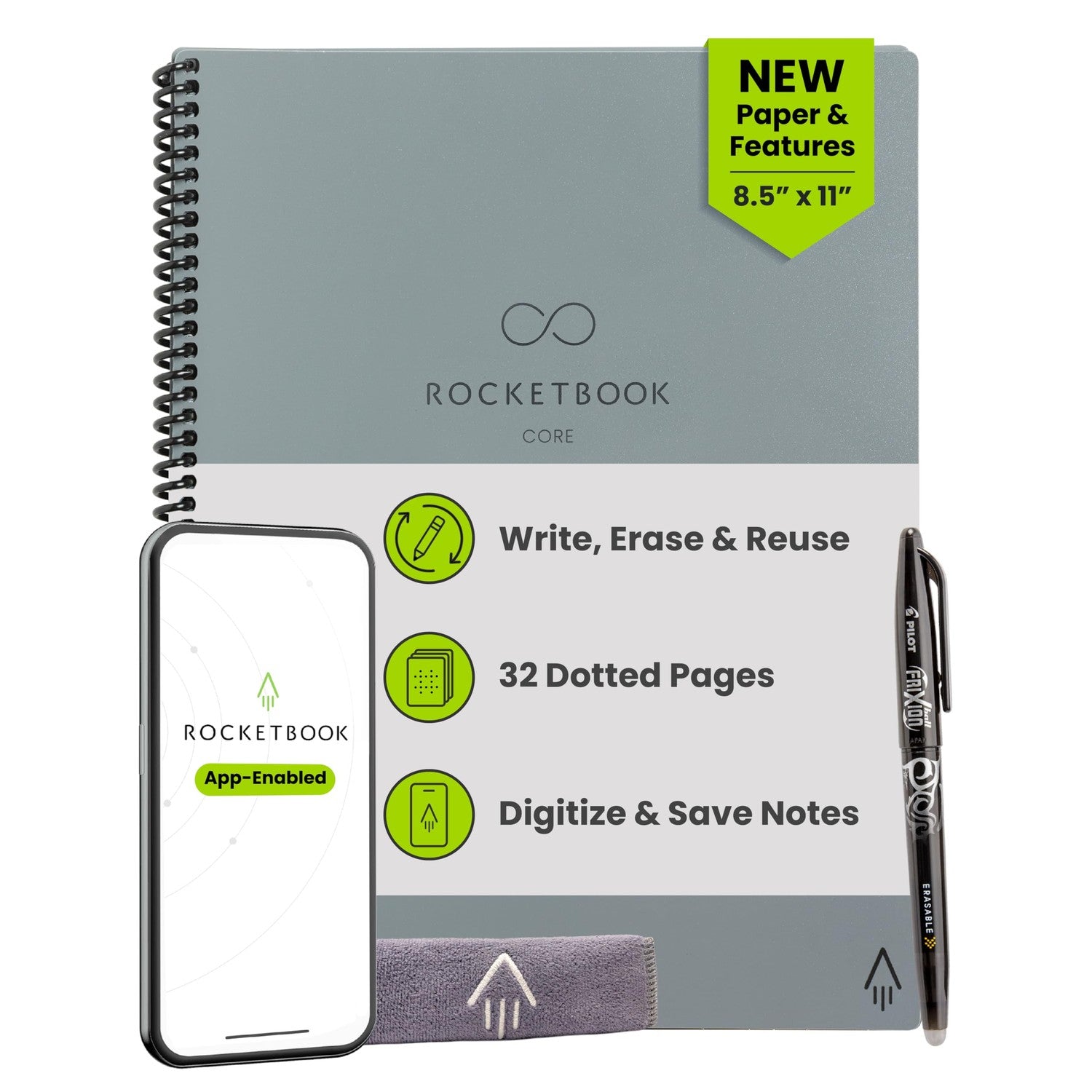 Buy now Rocketbook Core Reusable Spiral Notebook, Letter Size 8.5x11, Black - Dotted Pages, App-Connected, Erasable, Durable Cover, Ideal for School, Work, and Creative Projects Premium Letter Gray at indiglob india