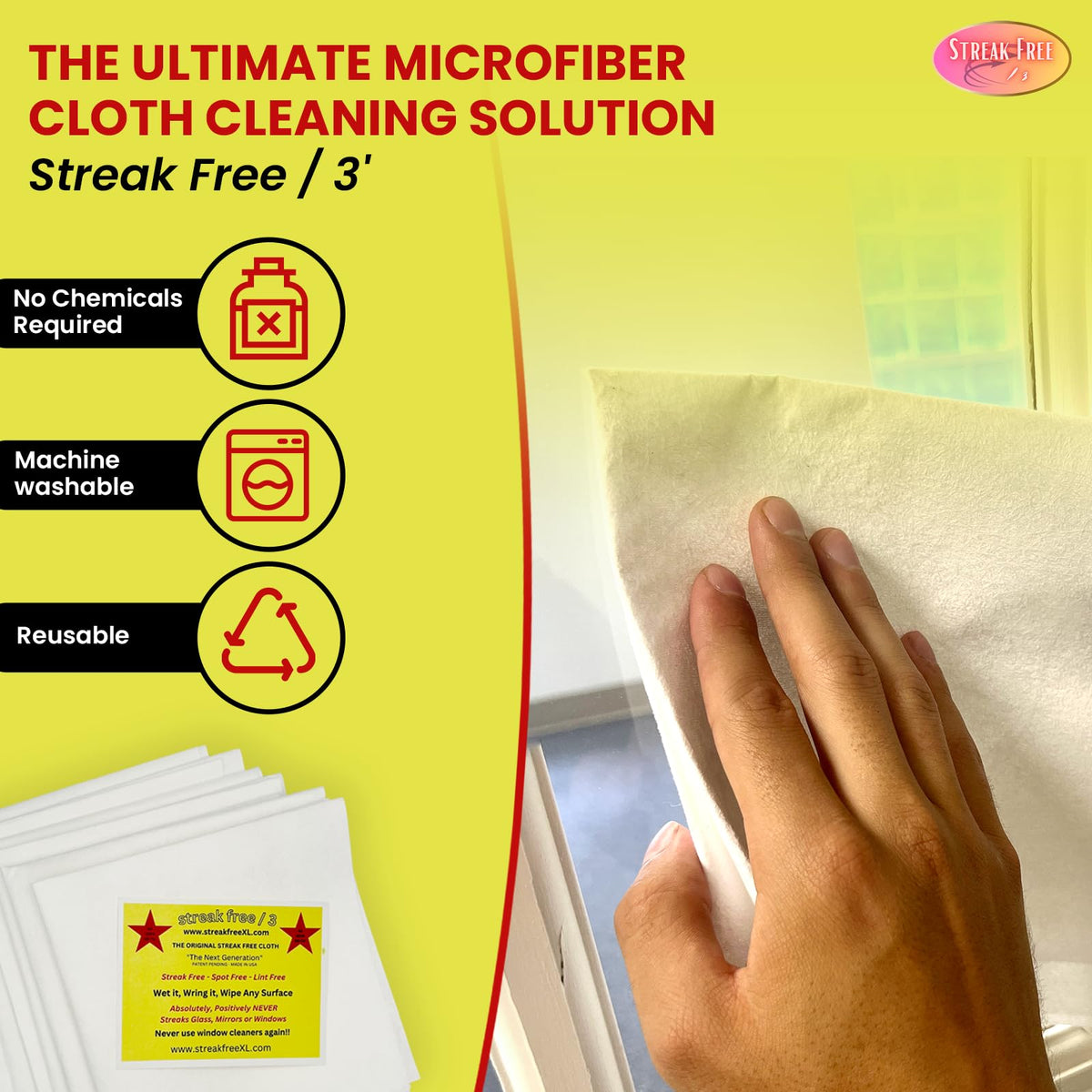 Streak Free/3 Microfiber Glass Cleaning Cloth, 6 Pack, Lint Free & Reusable