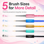 Beetles Gel Polish Nail Art Liner Brushes 5Pcs Painting Art Design Pen Set | Diamond Application Rhinestone Handle Dotting Drawing Sizes 5 7 9 11 20mm Nail Design Gift for Women