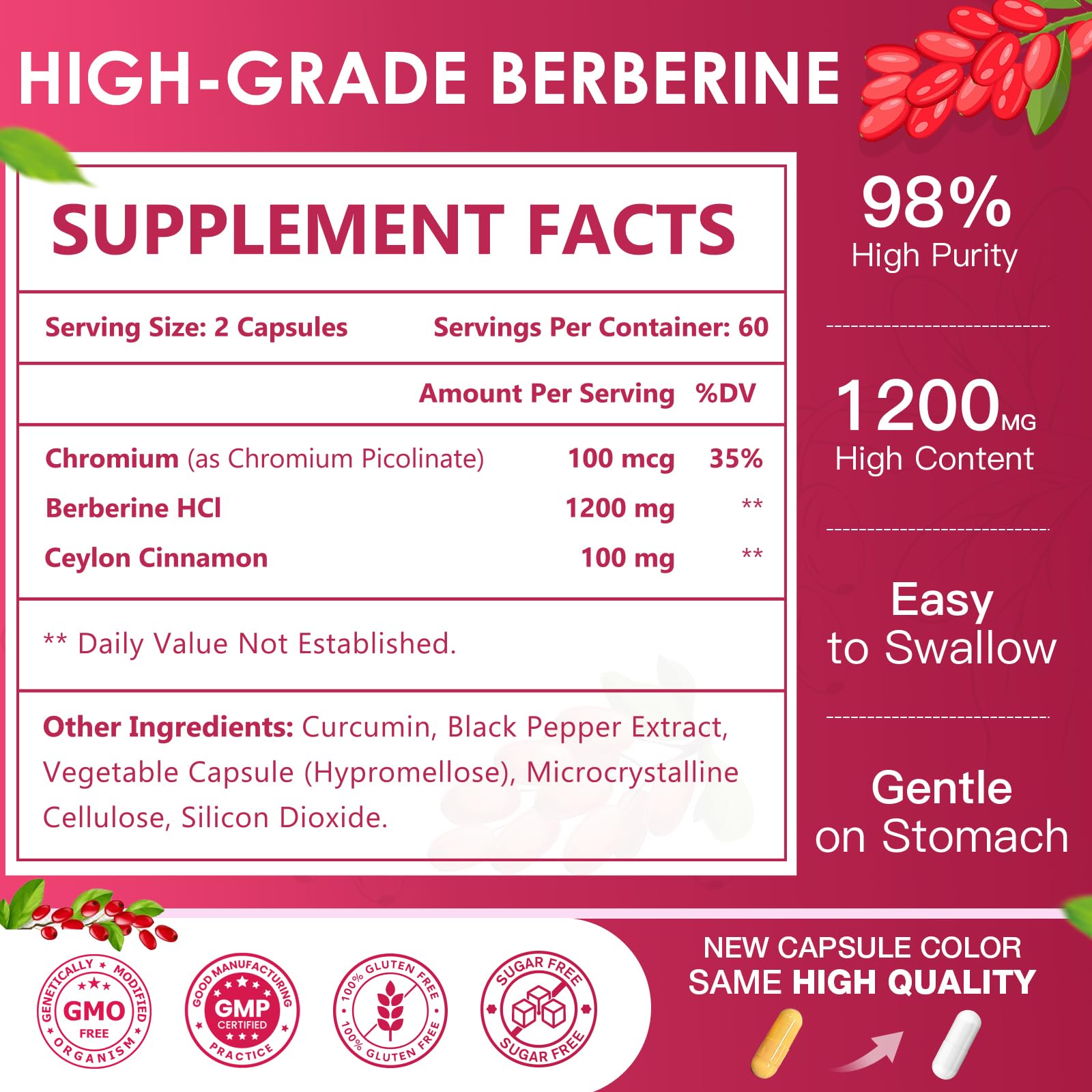 NATURE TARGET Berberine Supplement with Ceylon Cinnamon 1200mg, 120 Capsule | Berberine HCl with Chromium - Supports Immune, Gastrointestinal & Digestive Health, Non-GMO